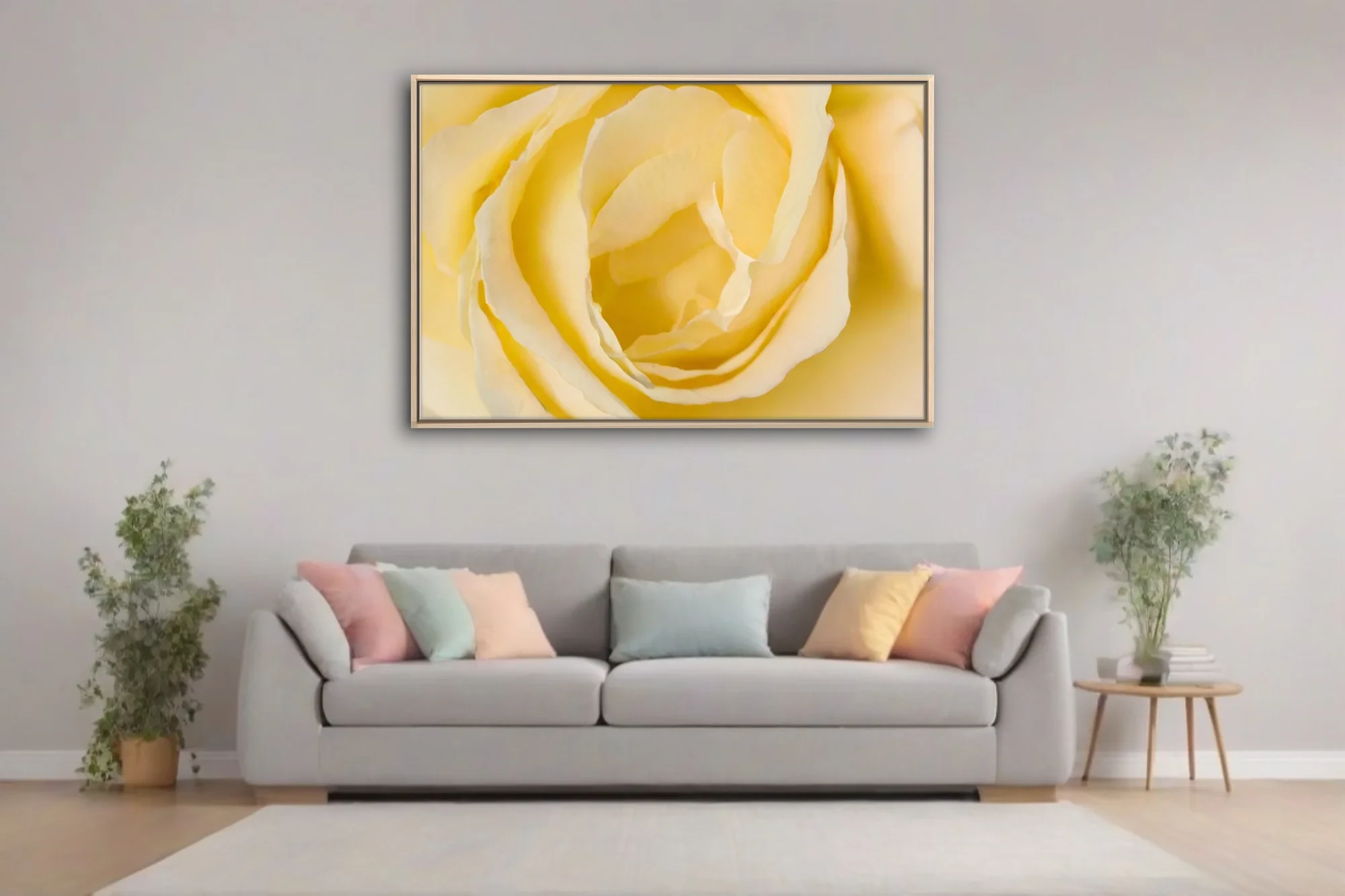 Macro yellow rose close-up, cream and butter petals, soft warm tones