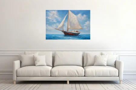 Sailboat seascape in cobalt blue and cream, painterly maritime wall art
