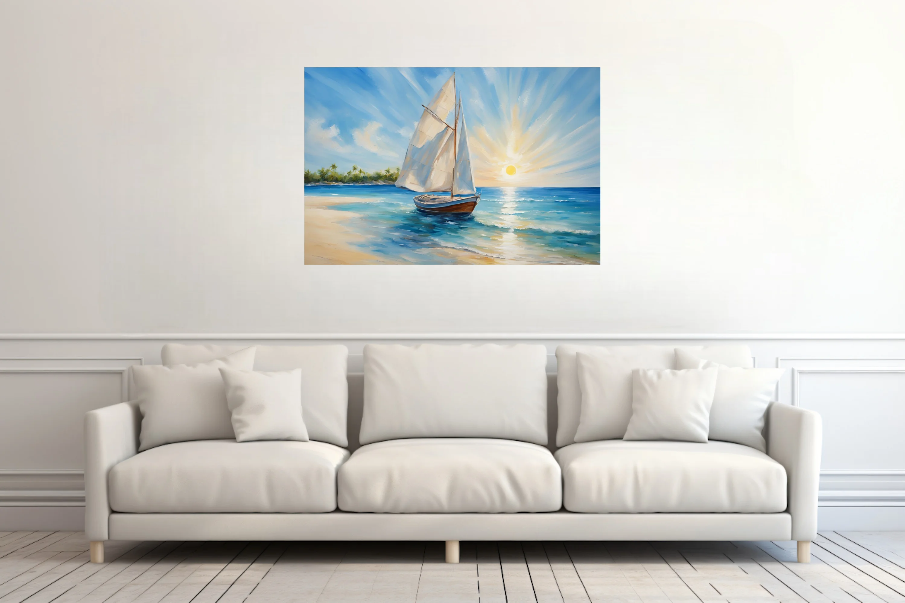 Coastal seascape with sailboat, turquoise water and radiant sunburst sky over a tropical shore