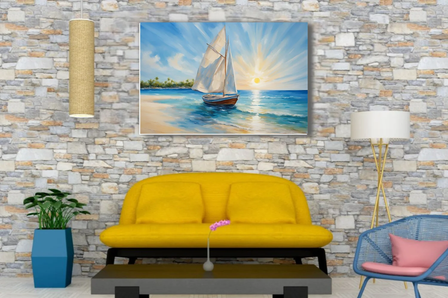 Coastal seascape with sailboat, turquoise water and radiant sunburst sky over a tropical shore