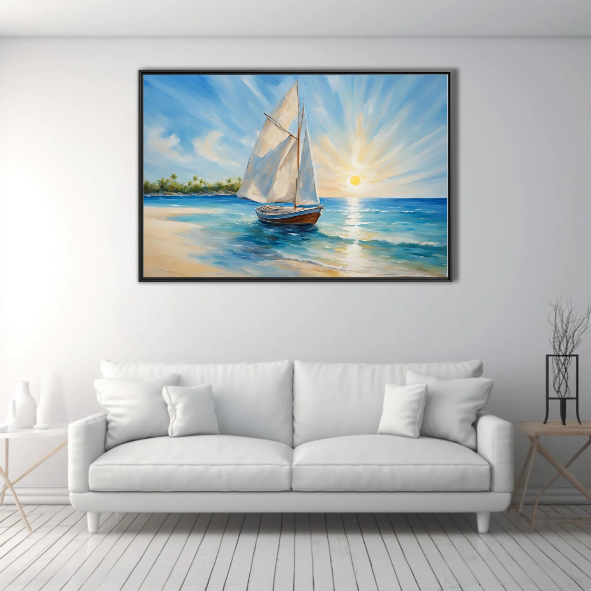 Coastal seascape with sailboat, turquoise water and radiant sunburst sky over a tropical shore