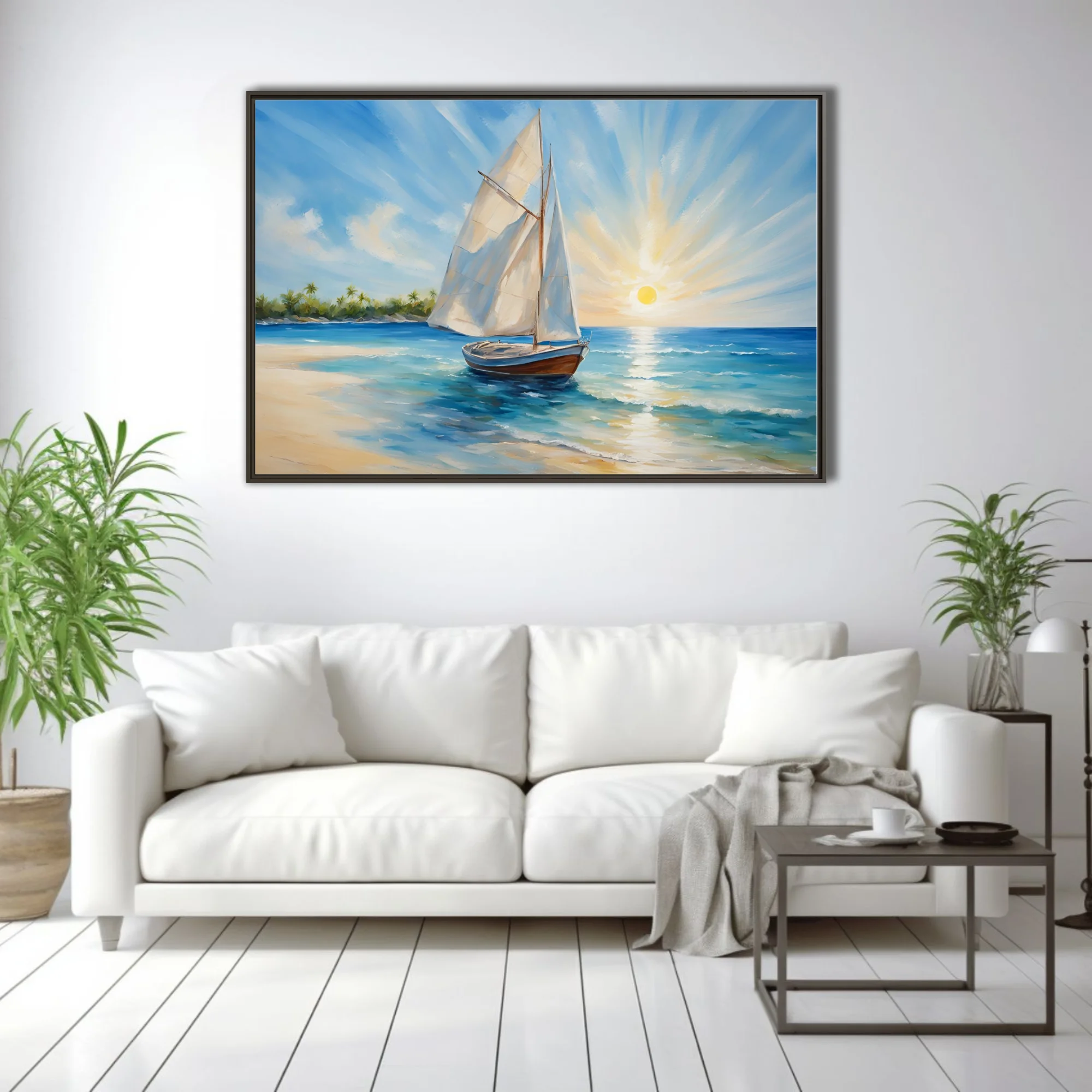Coastal seascape with sailboat, turquoise water and radiant sunburst sky over a tropical shore