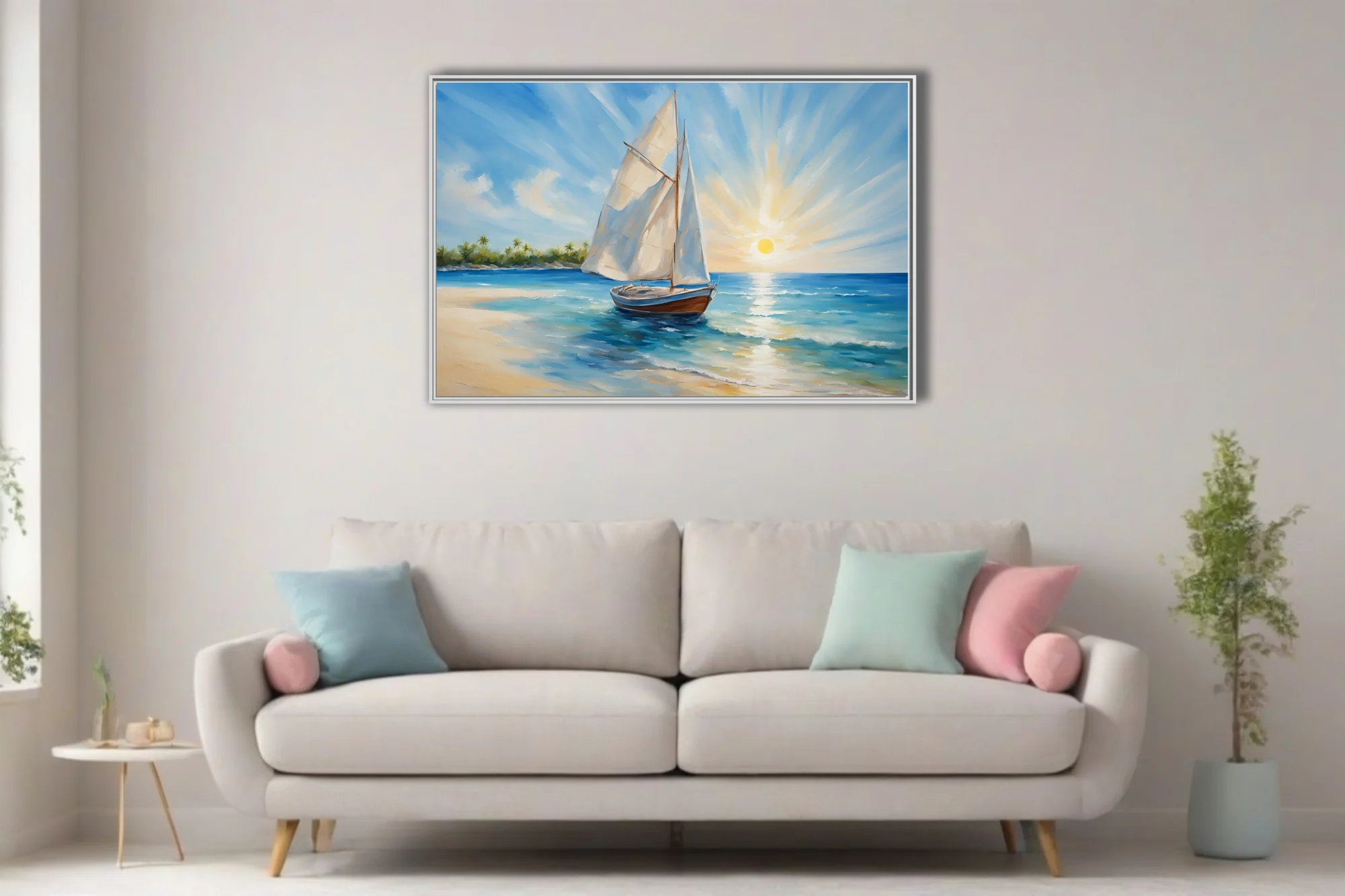 Coastal seascape with sailboat, turquoise water and radiant sunburst sky over a tropical shore