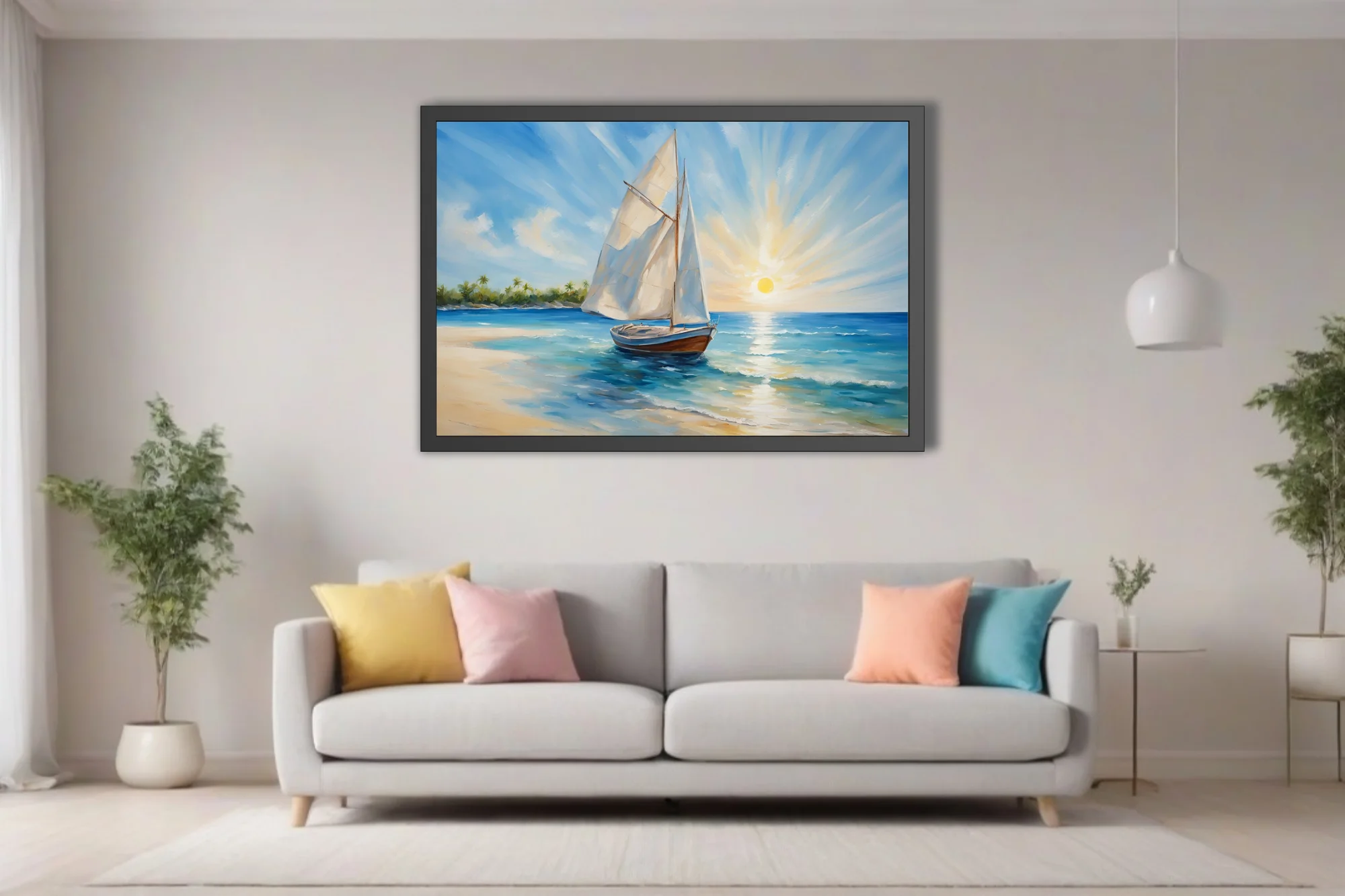 Coastal seascape with sailboat, turquoise water and radiant sunburst sky over a tropical shore
