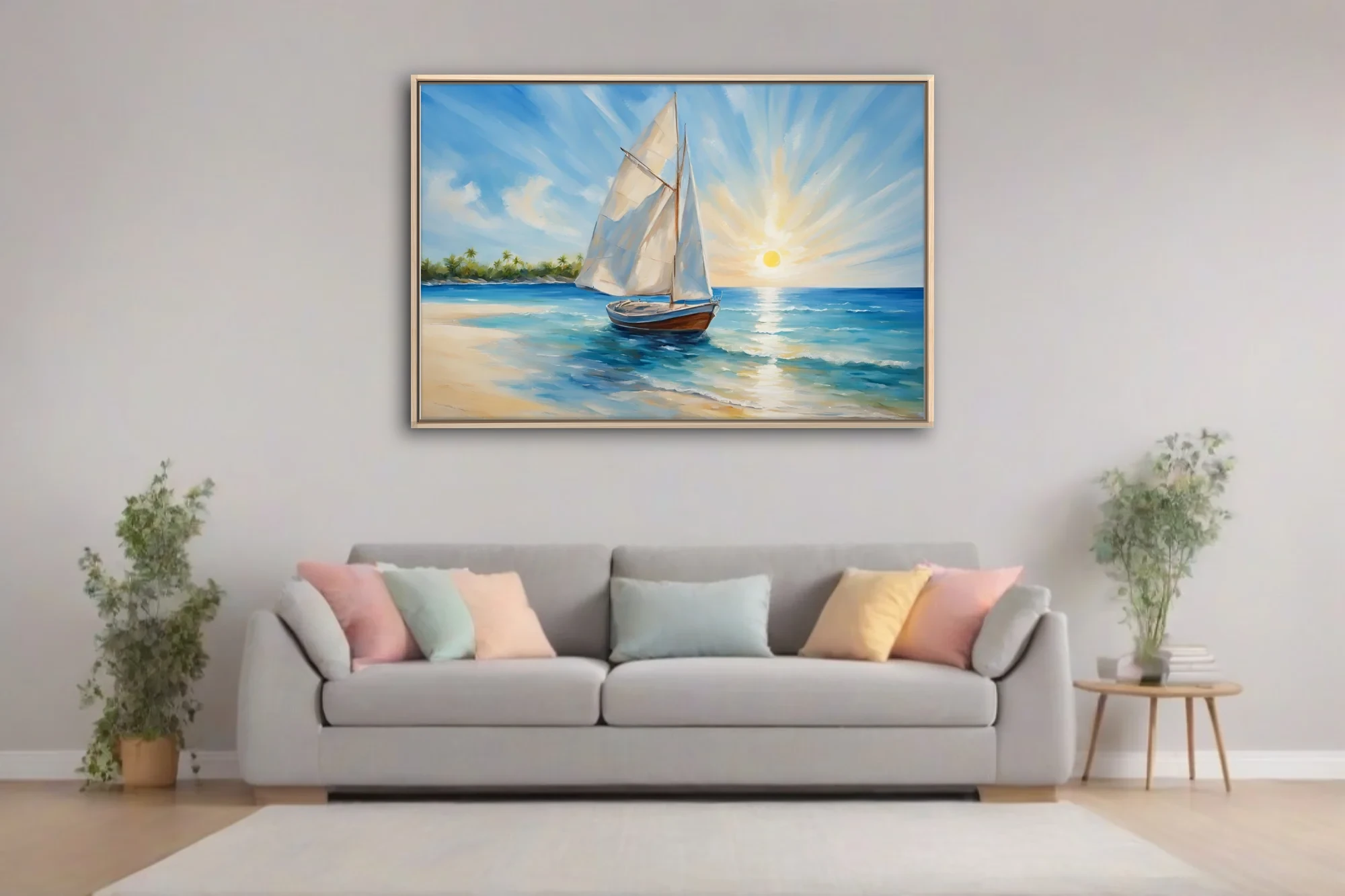 Coastal seascape with sailboat, turquoise water and radiant sunburst sky over a tropical shore
