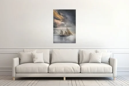 Dramatic tall ship sailing stormy seas under moody silver and gold clouds