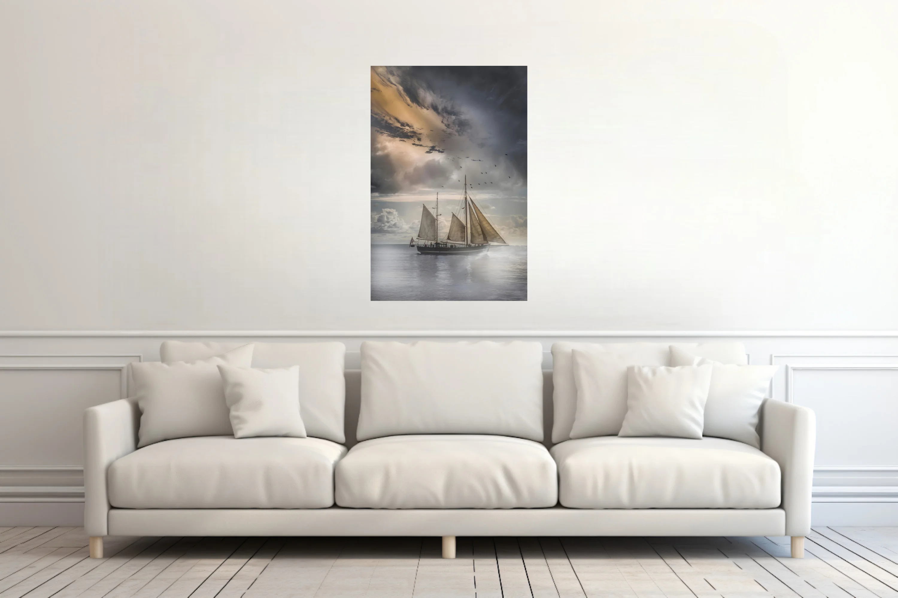 Dramatic tall ship sailing stormy seas under moody silver and gold clouds
