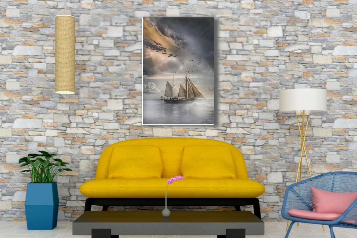 Dramatic tall ship sailing stormy seas under moody silver and gold clouds