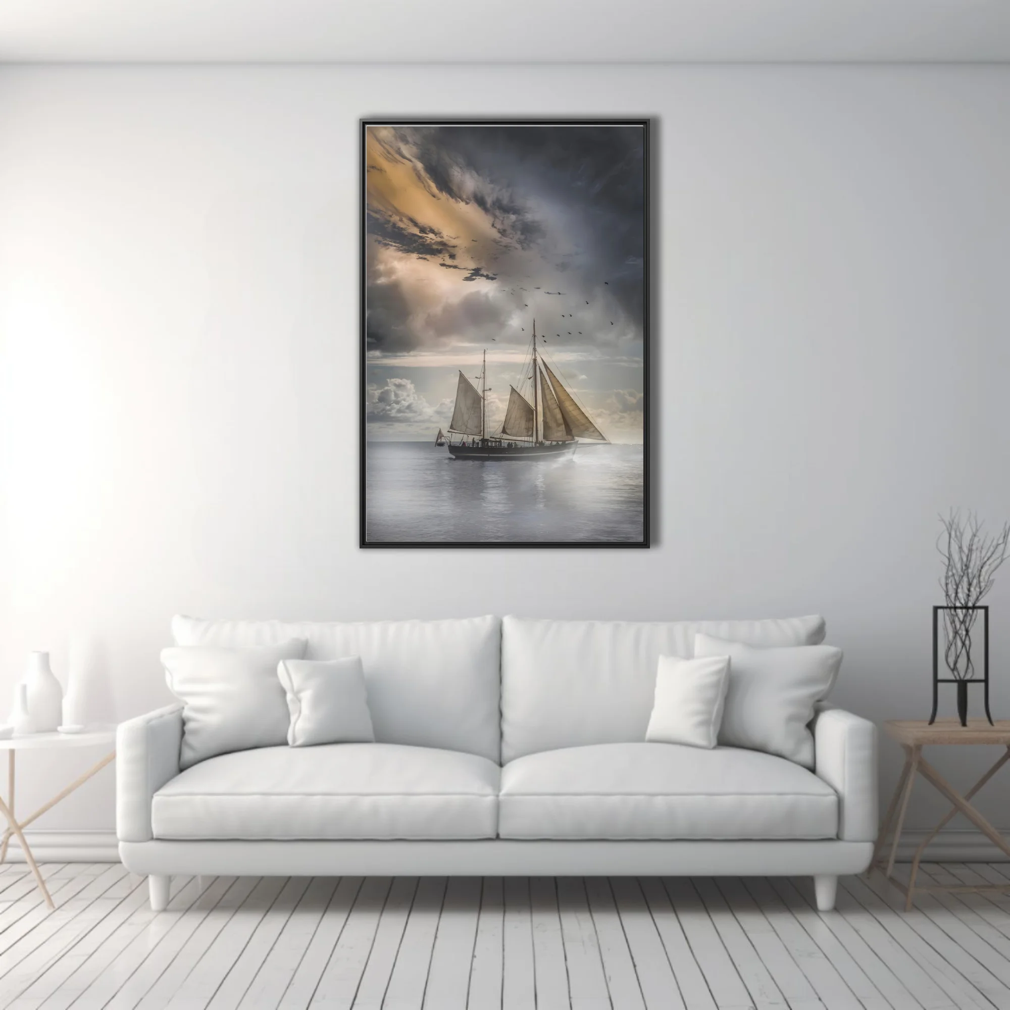 Dramatic tall ship sailing stormy seas under moody silver and gold clouds
