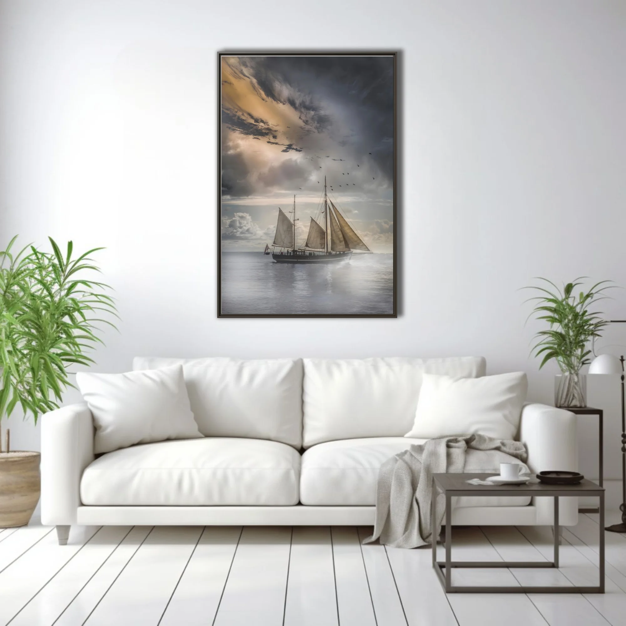 Dramatic tall ship sailing stormy seas under moody silver and gold clouds