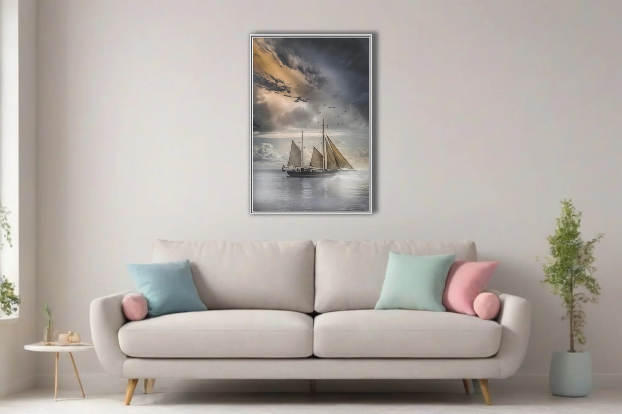 Dramatic tall ship sailing stormy seas under moody silver and gold clouds