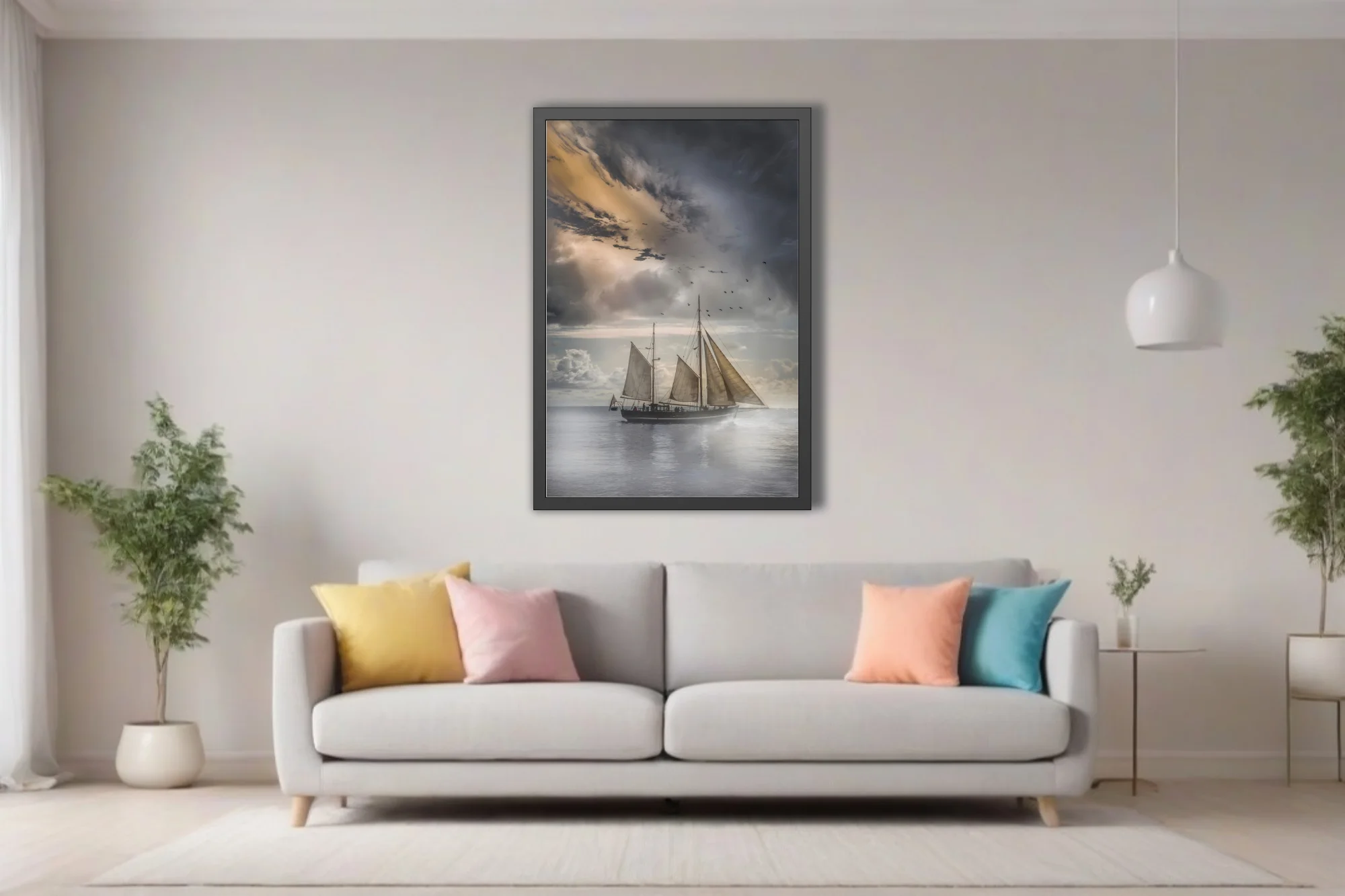 Dramatic tall ship sailing stormy seas under moody silver and gold clouds