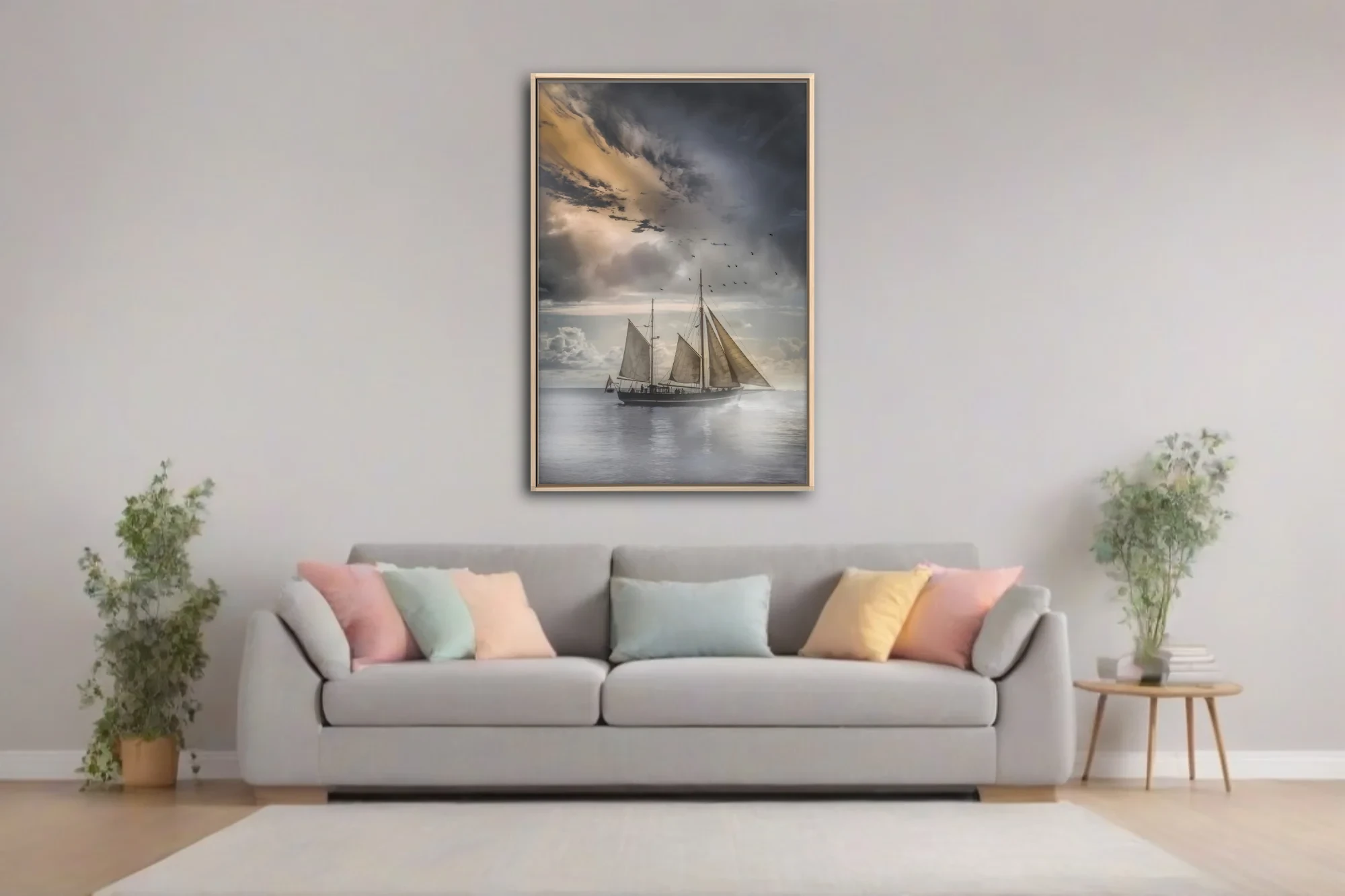 Dramatic tall ship sailing stormy seas under moody silver and gold clouds