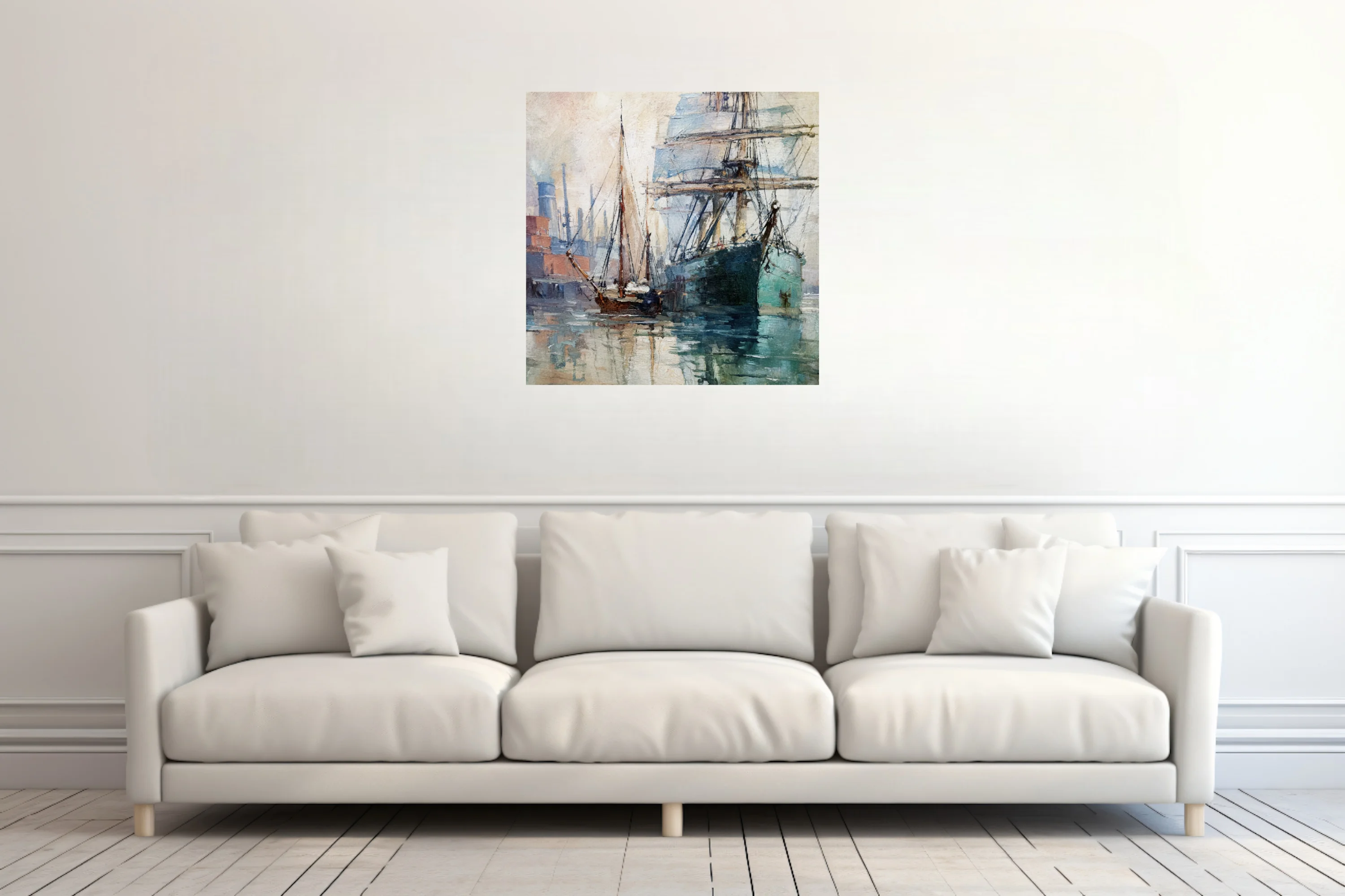 Soft painterly tall-ship harbor scene in teal and ochre strokes, moored sailing vessels