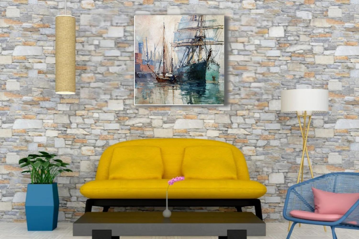 Soft painterly tall-ship harbor scene in teal and ochre strokes, moored sailing vessels