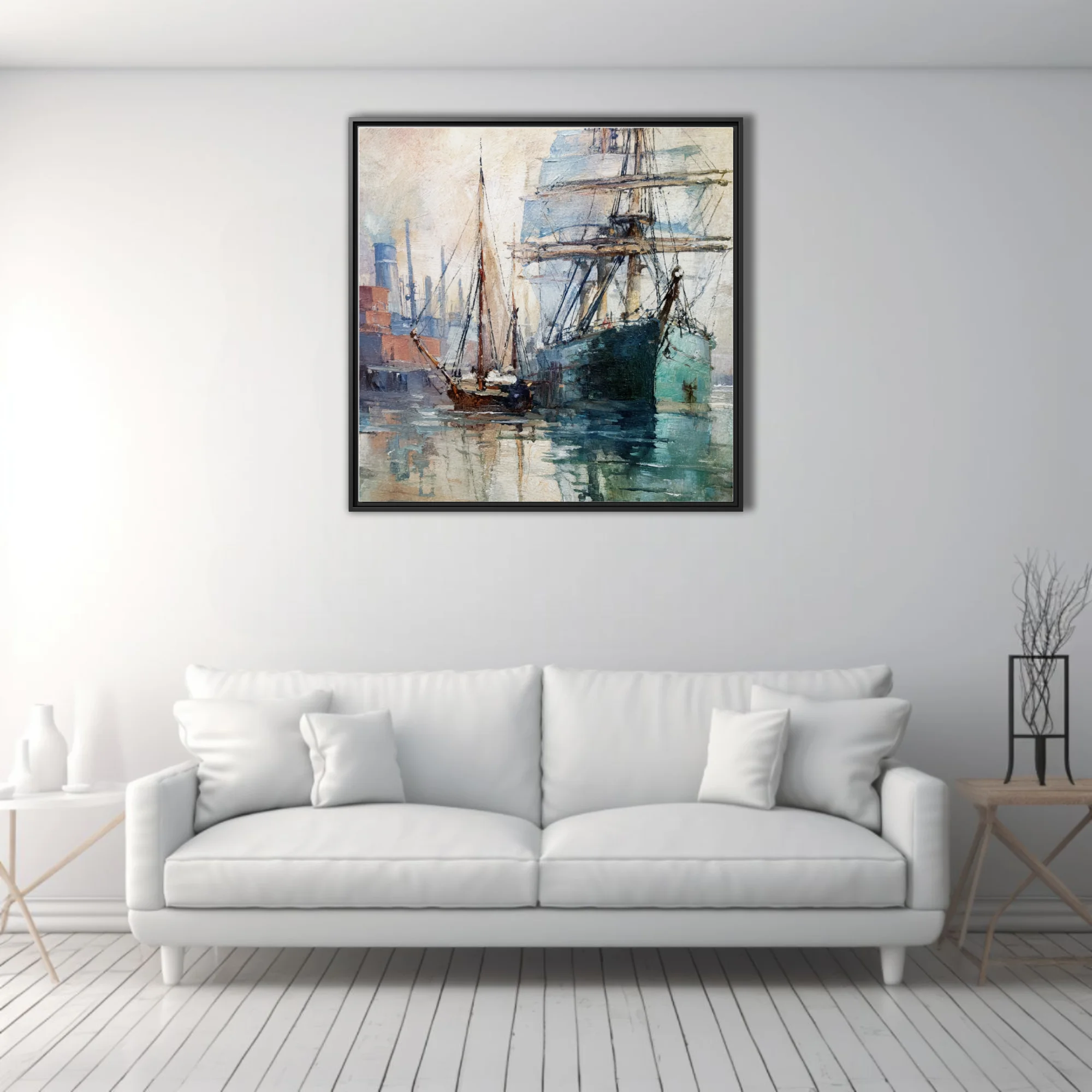 Soft painterly tall-ship harbor scene in teal and ochre strokes, moored sailing vessels