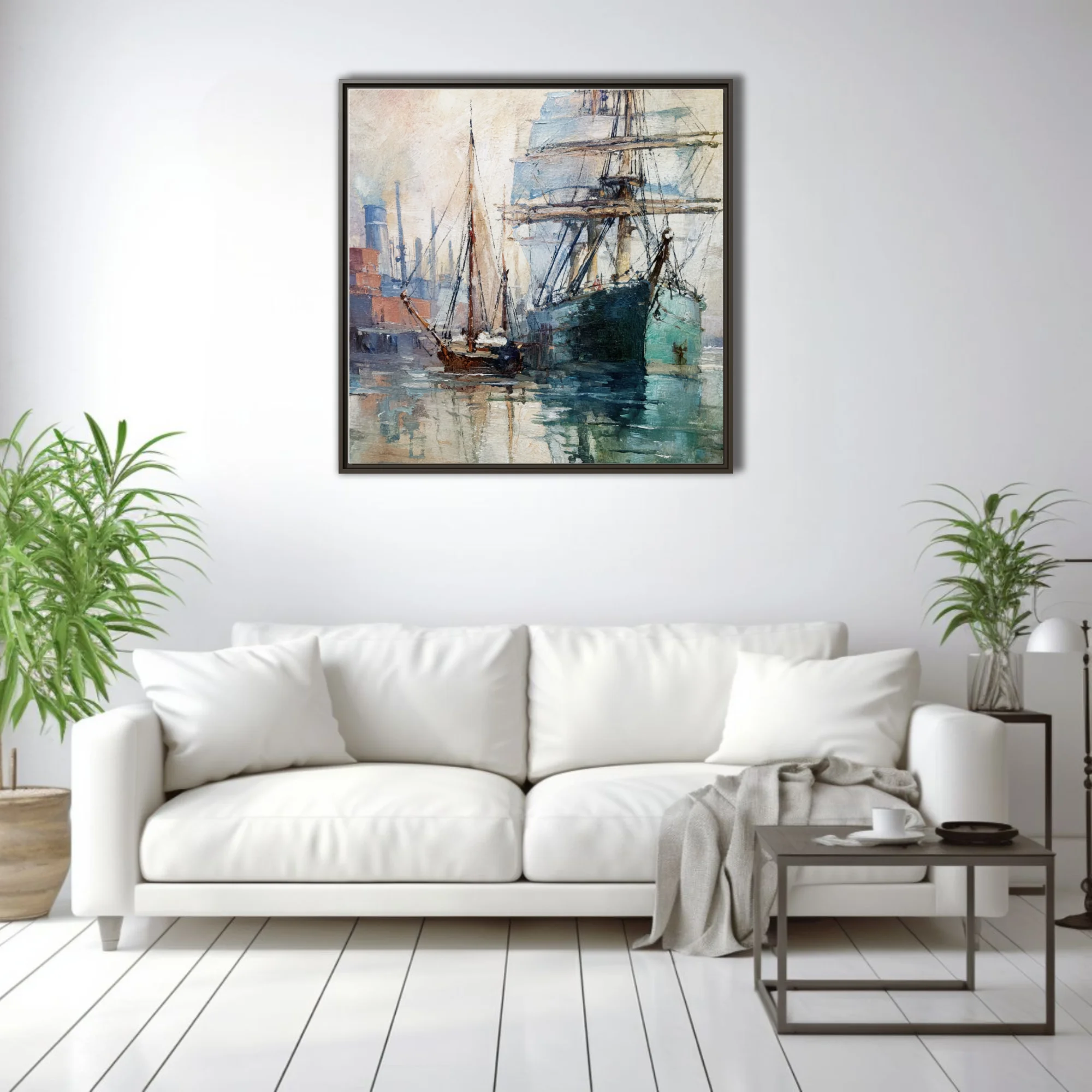 Soft painterly tall-ship harbor scene in teal and ochre strokes, moored sailing vessels