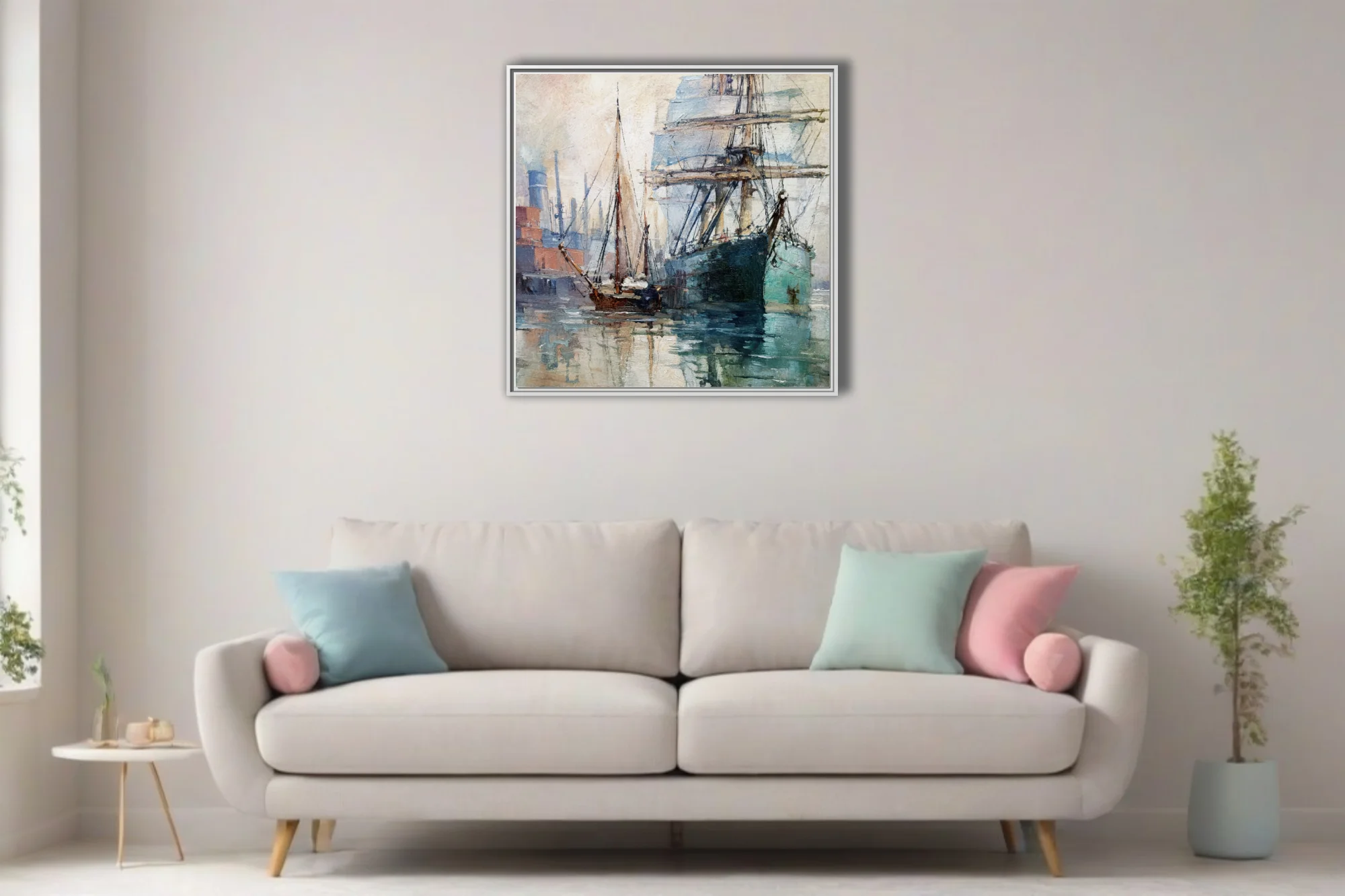 Soft painterly tall-ship harbor scene in teal and ochre strokes, moored sailing vessels