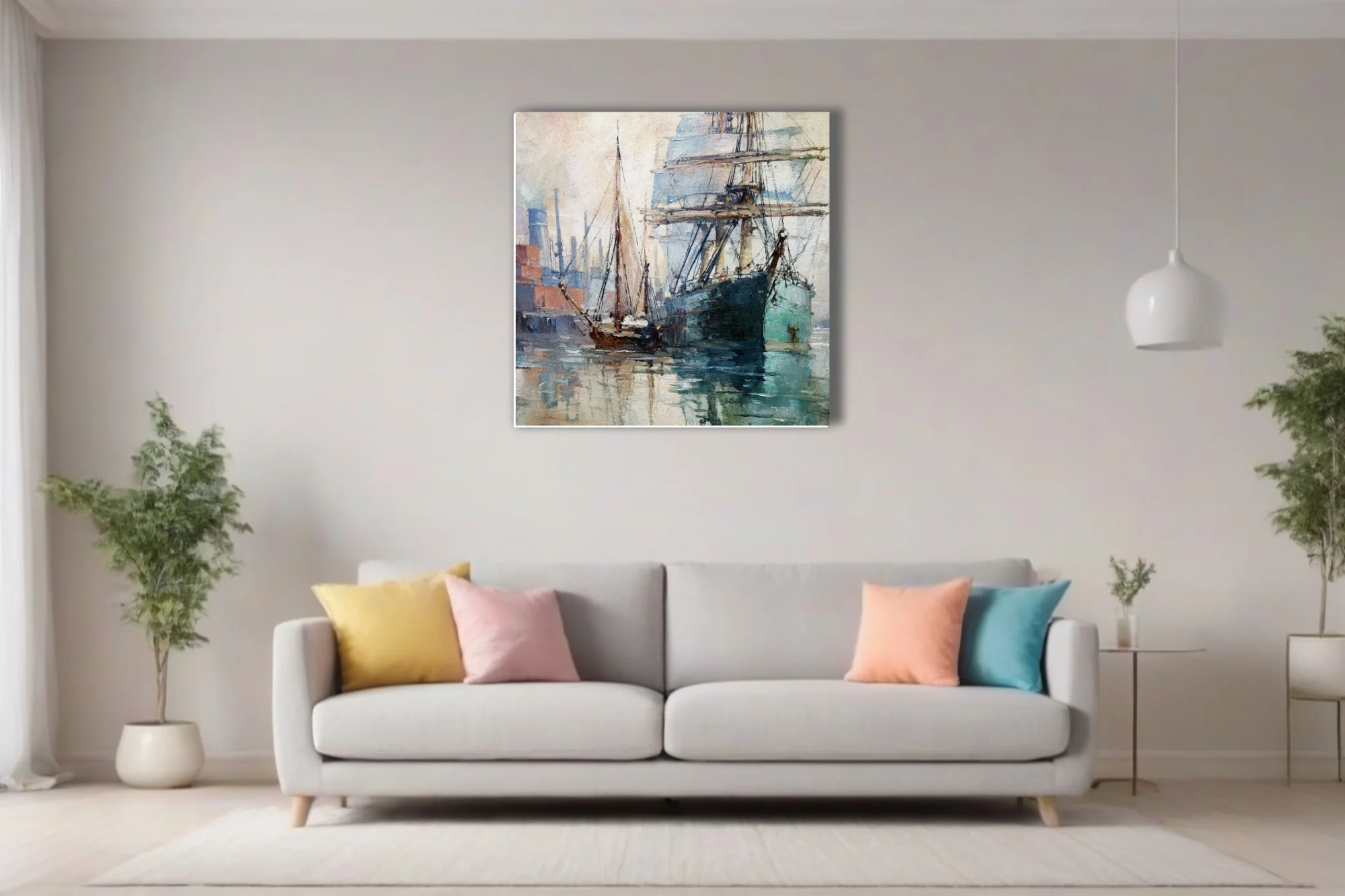 Soft painterly tall-ship harbor scene in teal and ochre strokes, moored sailing vessels