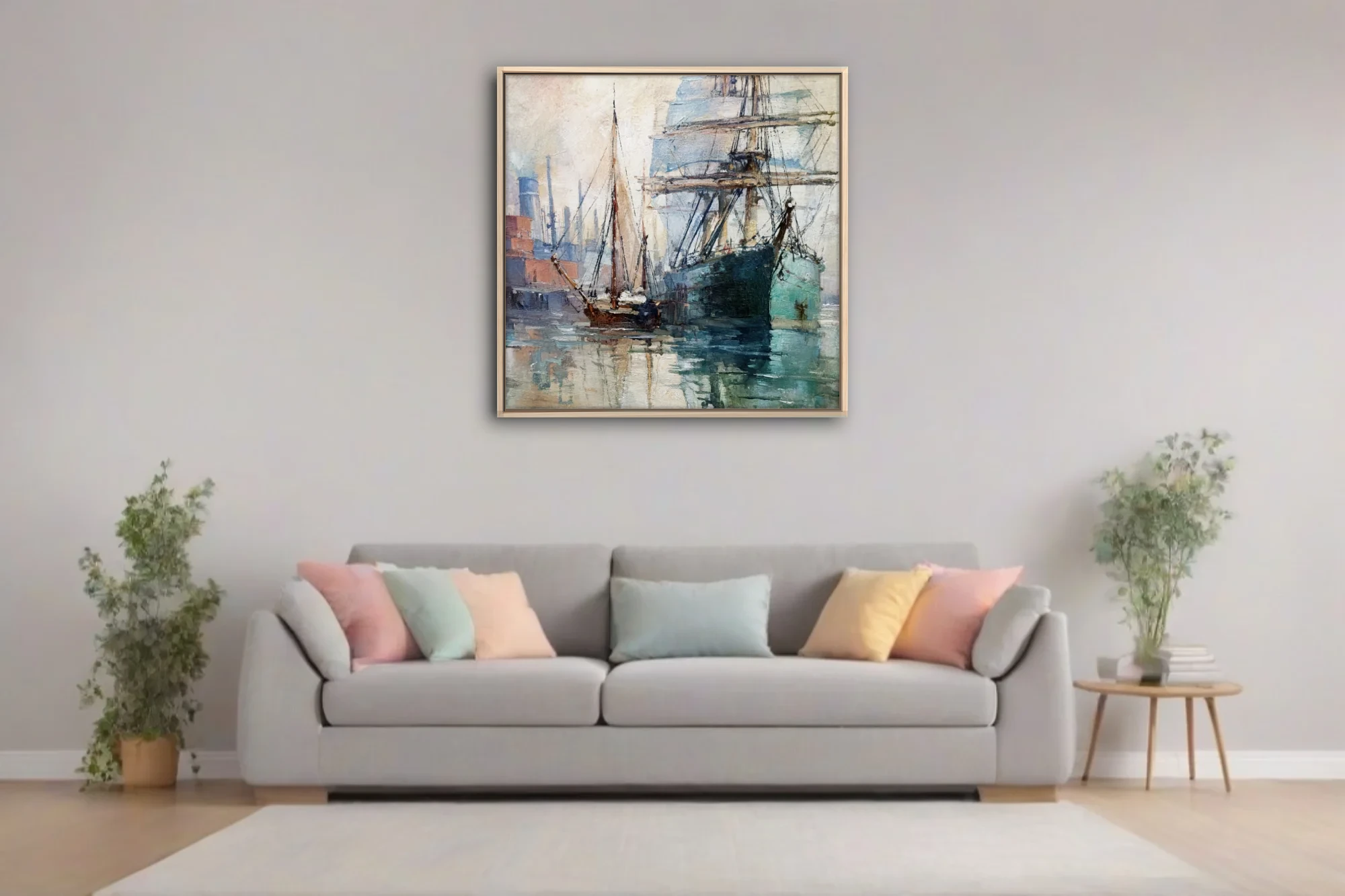 Soft painterly tall-ship harbor scene in teal and ochre strokes, moored sailing vessels