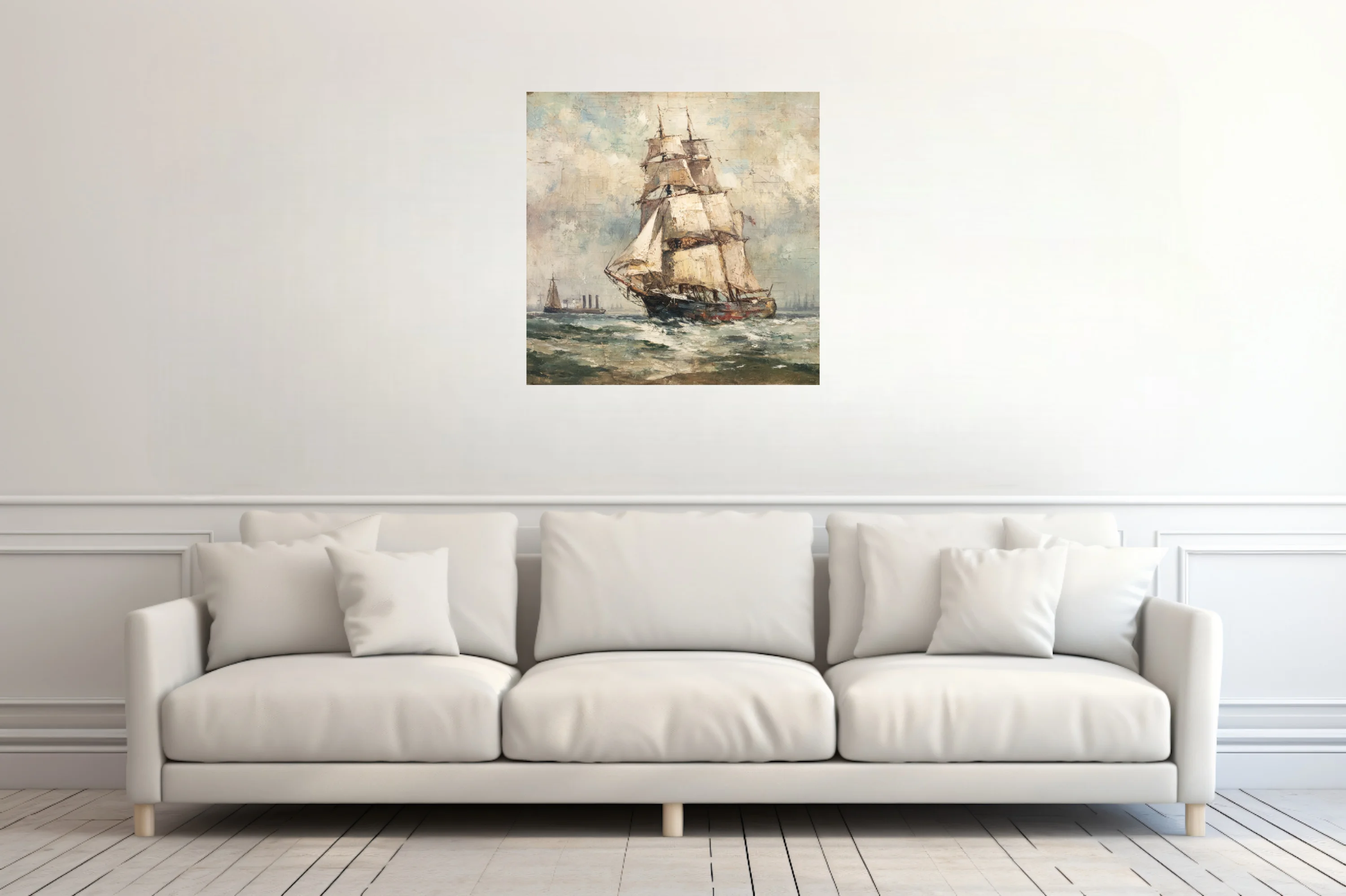 Tall sailing ship on choppy seas in muted ochres and teals, textured maritime seascape