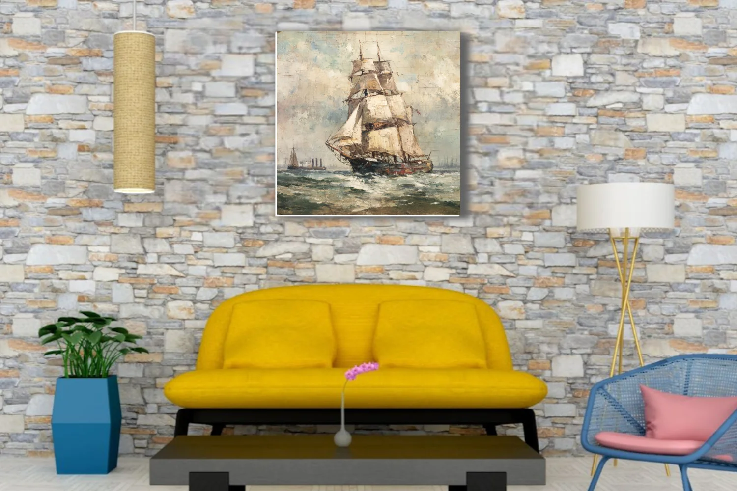 Tall sailing ship on choppy seas in muted ochres and teals, textured maritime seascape