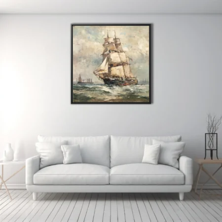 Tall sailing ship on choppy seas in muted ochres and teals, textured maritime seascape