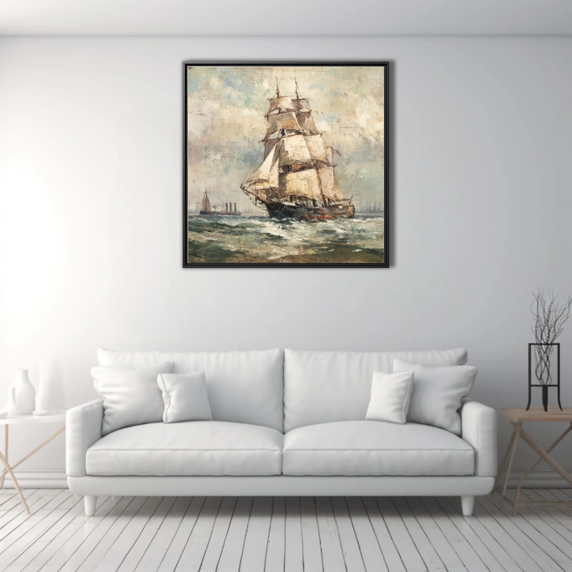 Tall sailing ship on choppy seas in muted ochres and teals, textured maritime seascape