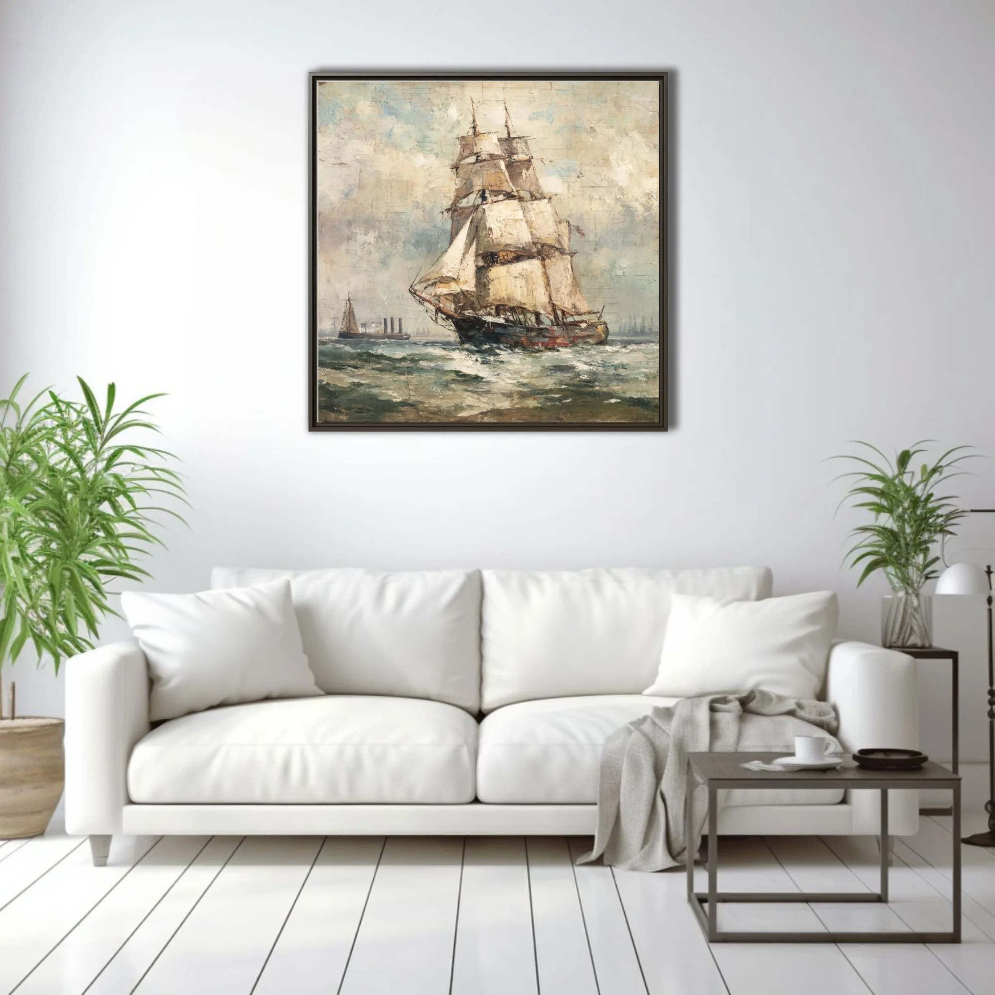 Tall sailing ship on choppy seas in muted ochres and teals, textured maritime seascape