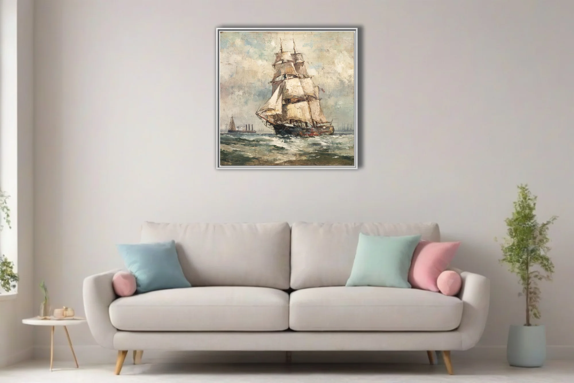 Tall sailing ship on choppy seas in muted ochres and teals, textured maritime seascape