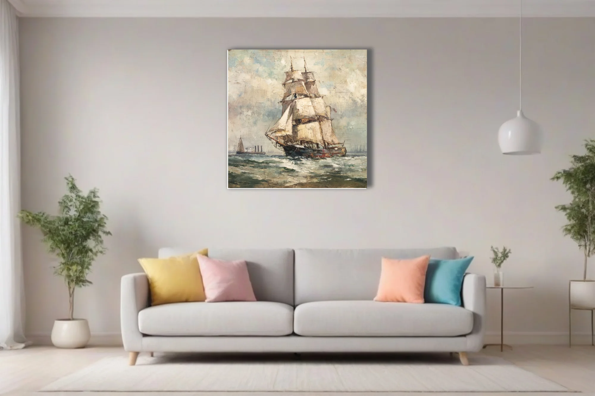 Tall sailing ship on choppy seas in muted ochres and teals, textured maritime seascape