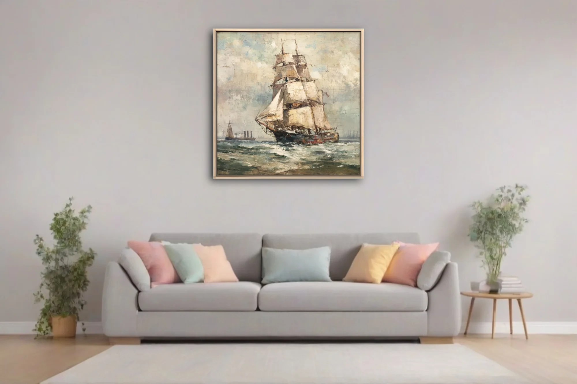 Tall sailing ship on choppy seas in muted ochres and teals, textured maritime seascape