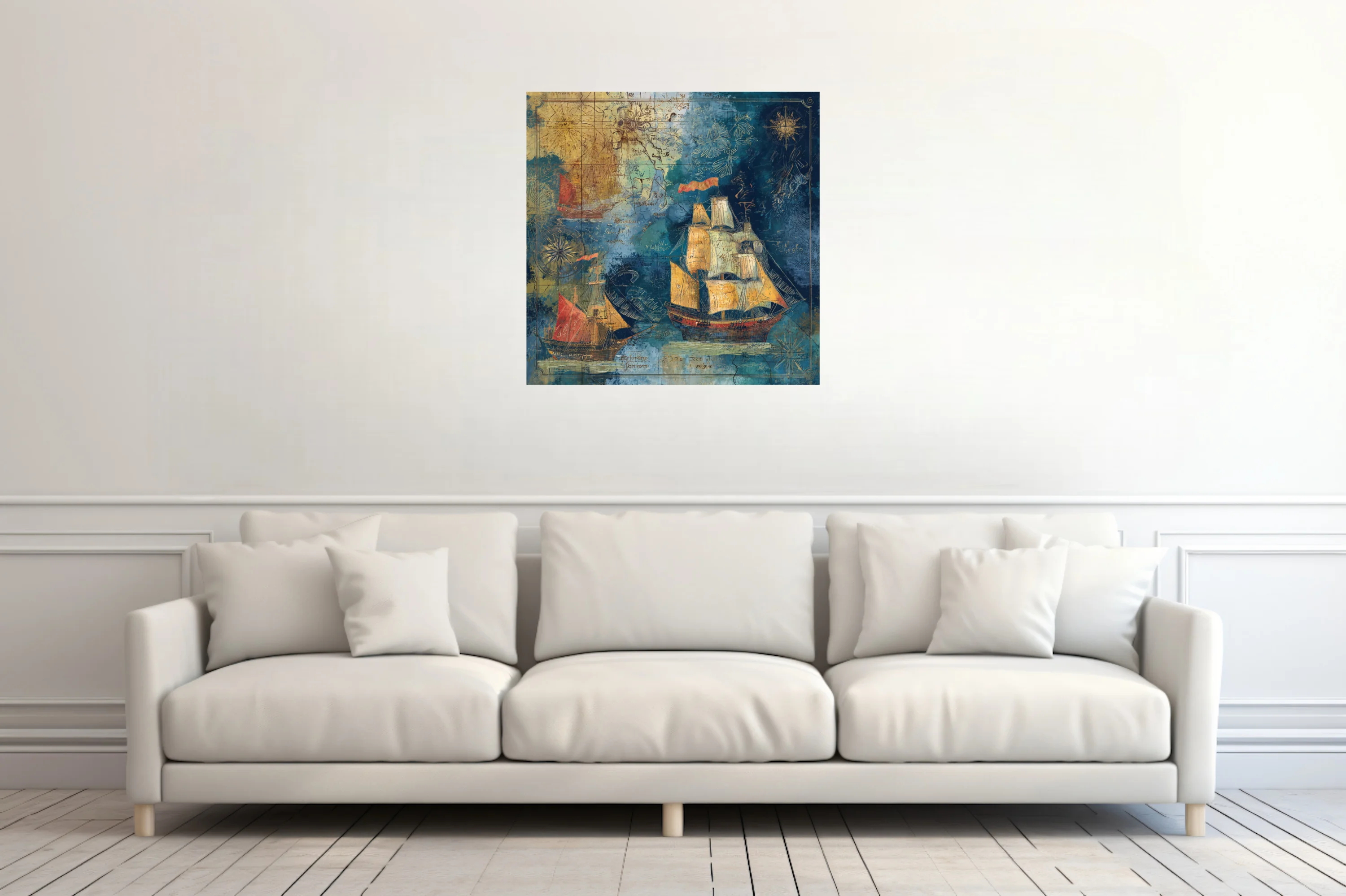 Antique-style nautical map art with tall ships, teal and ochre tones