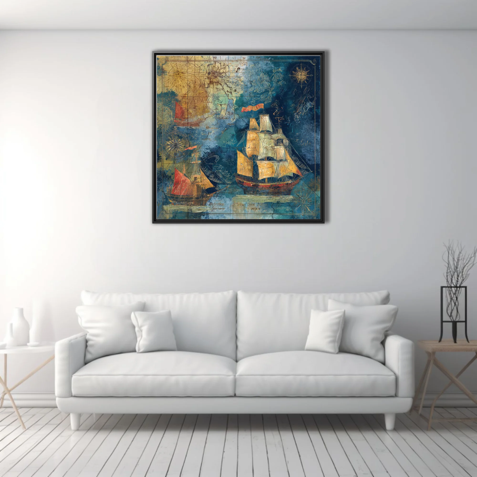 Antique-style nautical map art with tall ships, teal and ochre tones