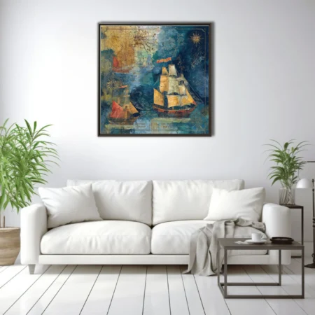 Antique-style nautical map art with tall ships, teal and ochre tones