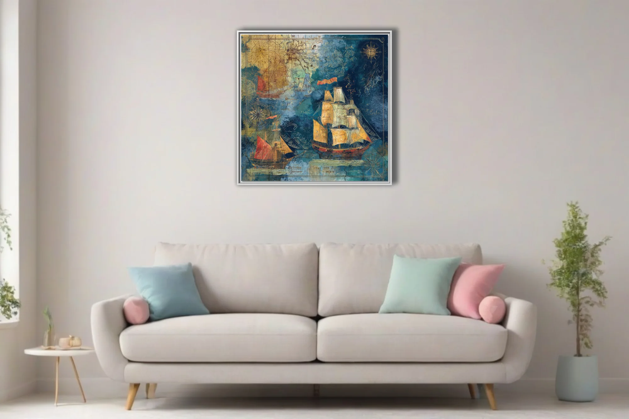 Antique-style nautical map art with tall ships, teal and ochre tones