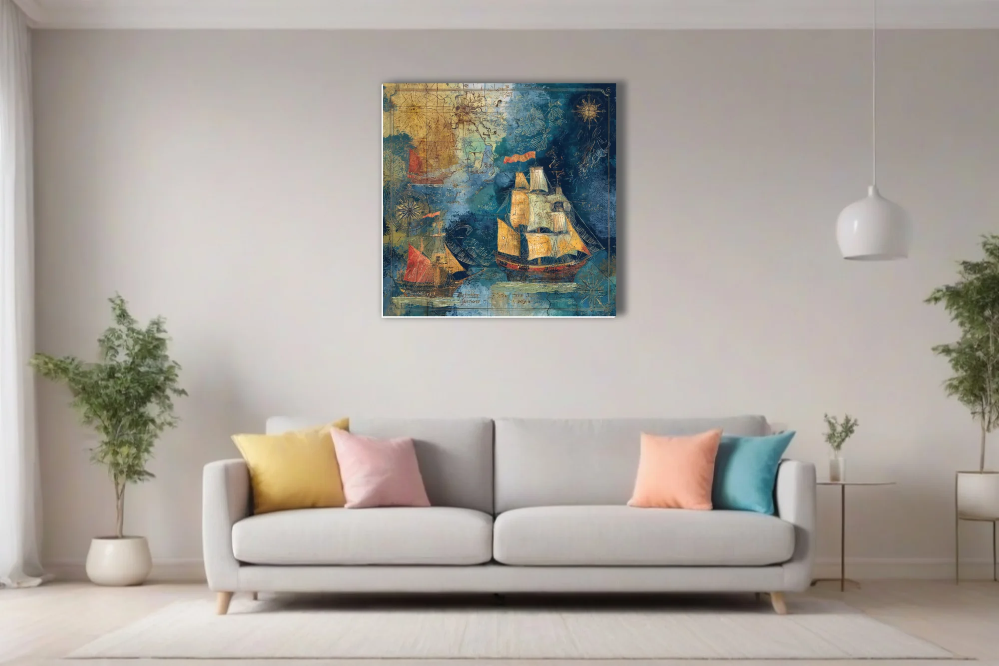 Antique-style nautical map art with tall ships, teal and ochre tones