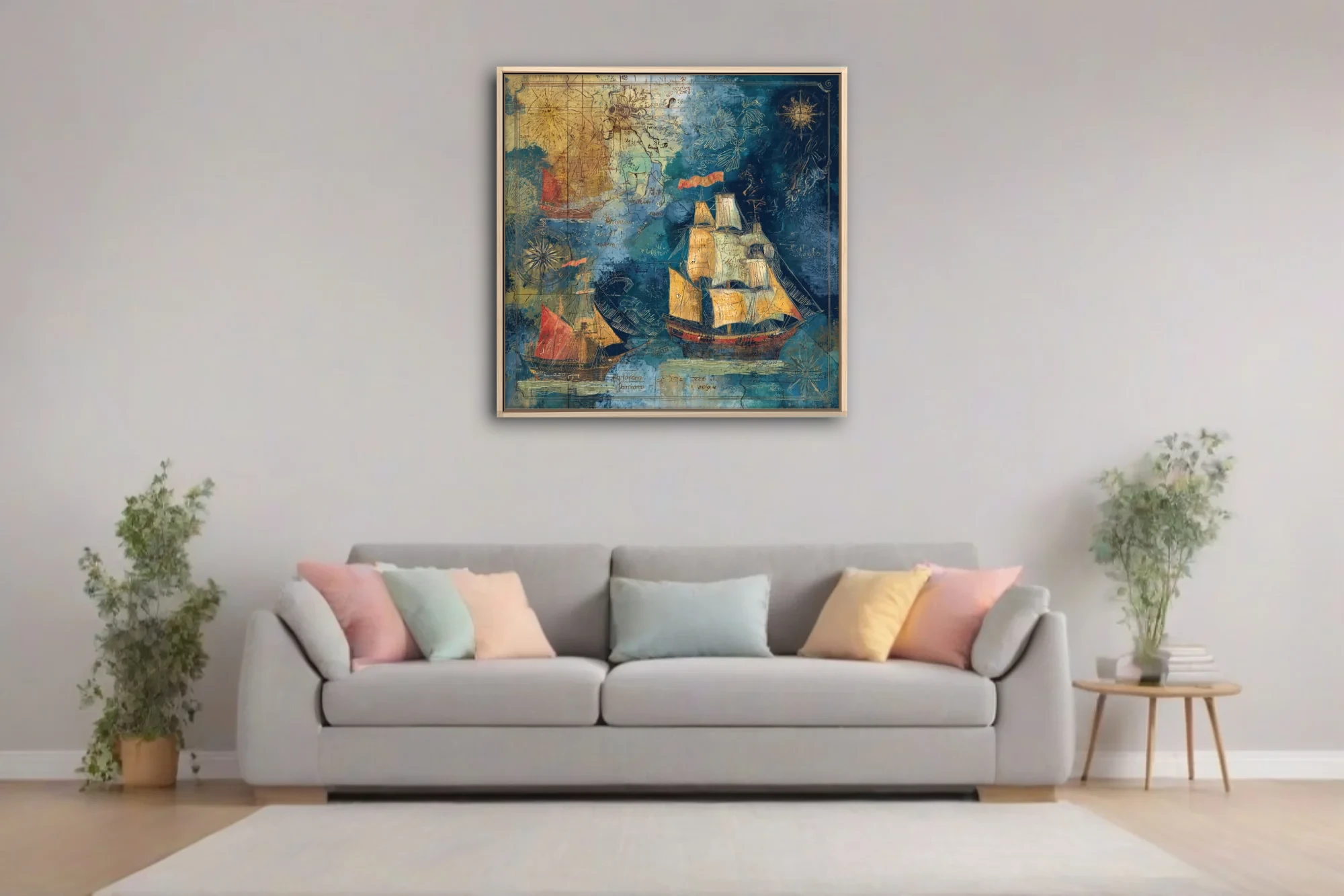 Antique-style nautical map art with tall ships, teal and ochre tones