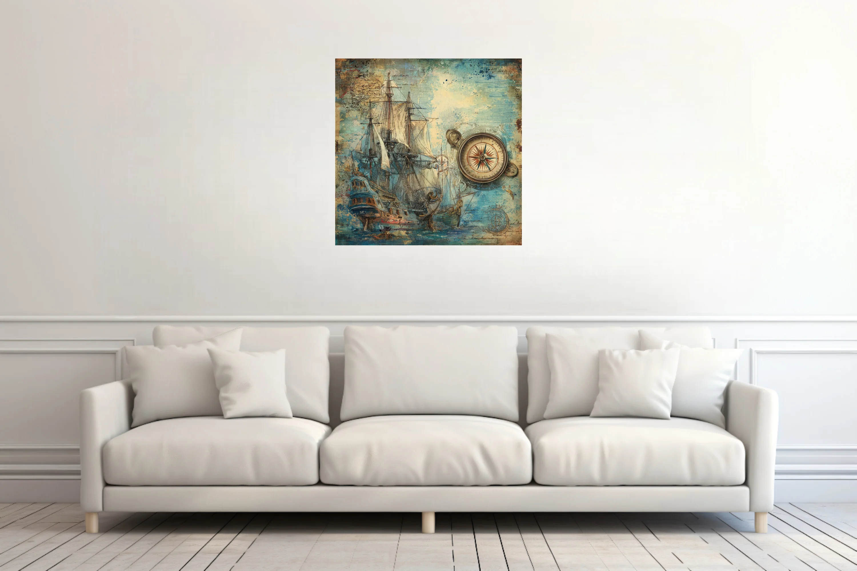 Vintage nautical tall ship and compass rose illustration, aged parchment tones, teal ink-style