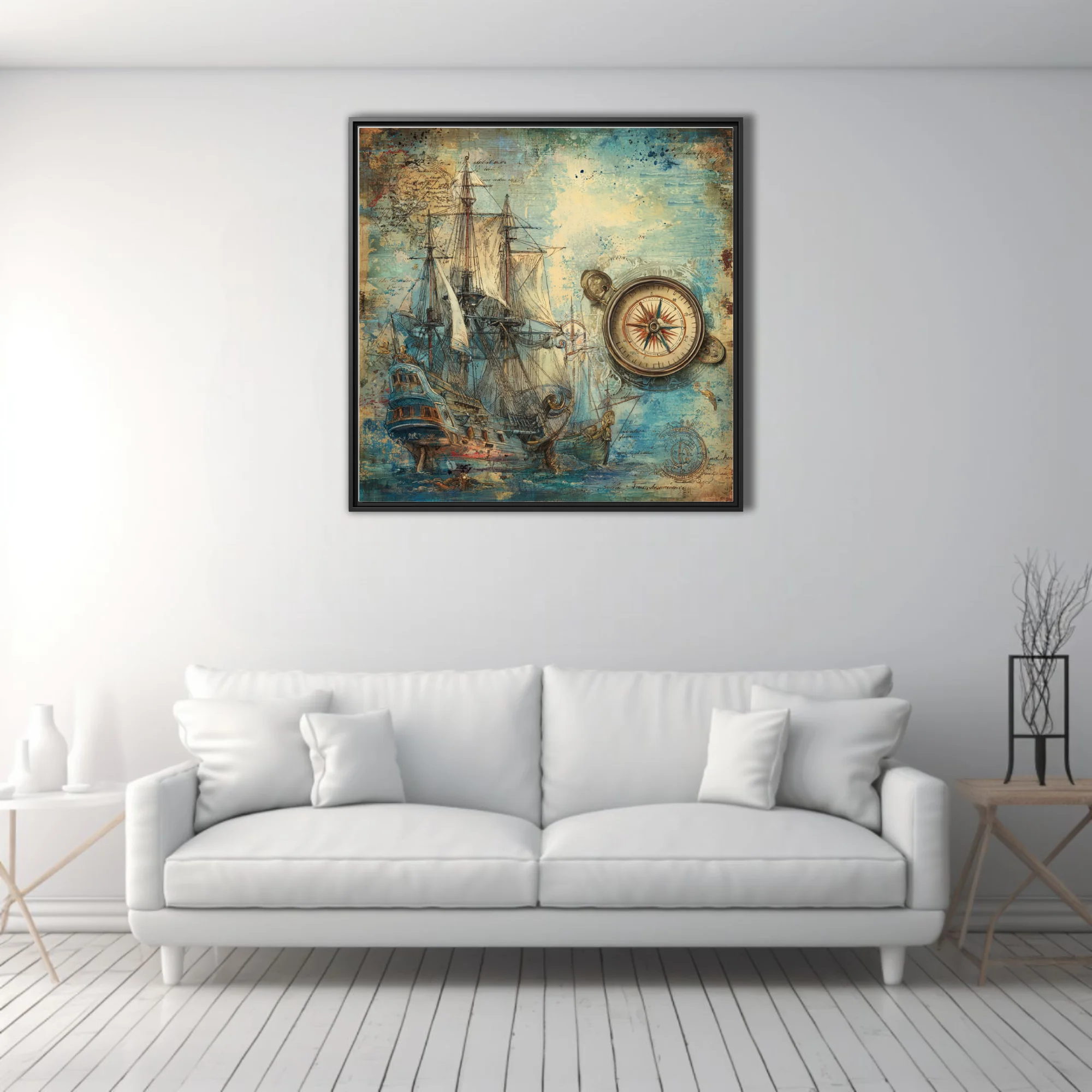 Vintage nautical tall ship and compass rose illustration, aged parchment tones, teal ink-style
