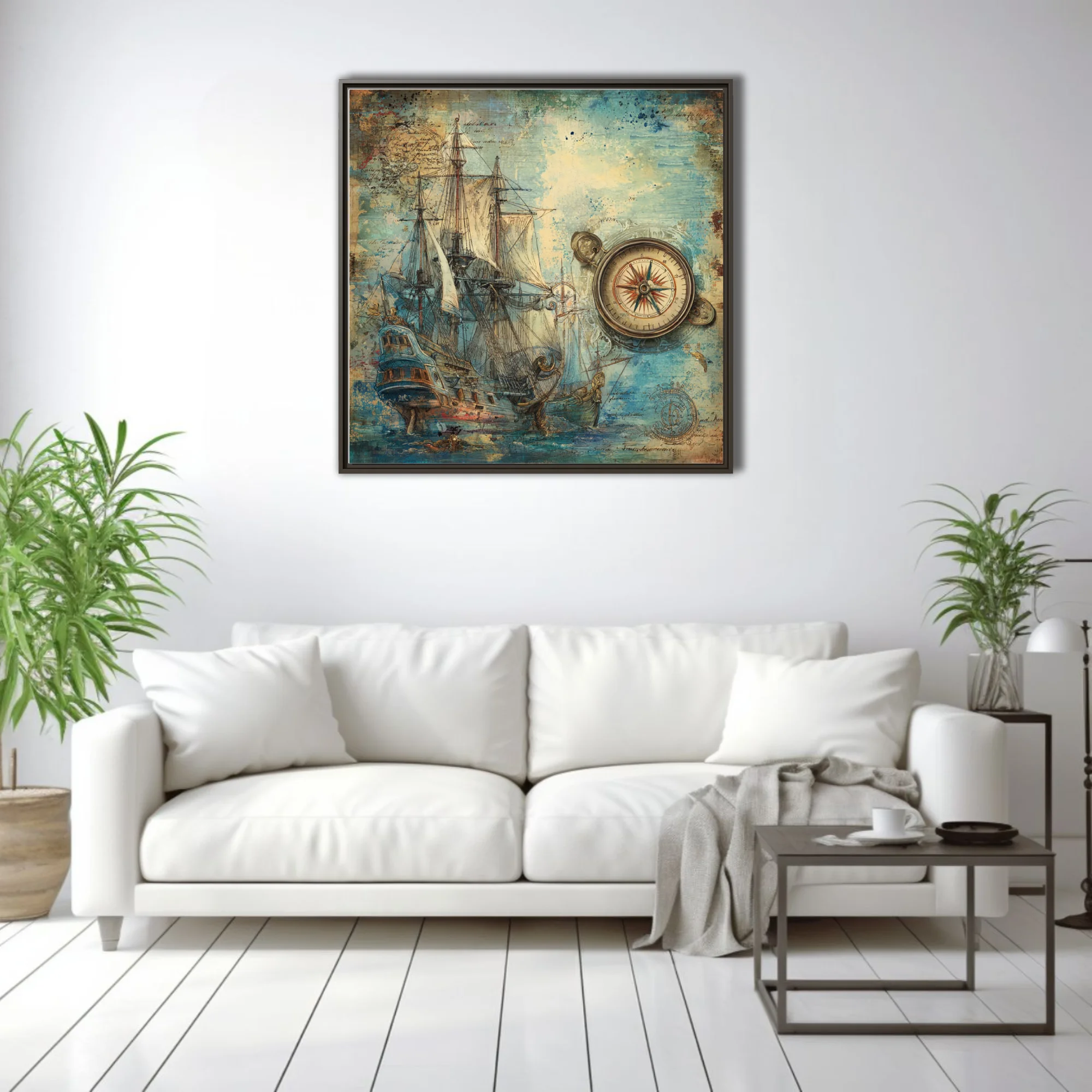 Vintage nautical tall ship and compass rose illustration, aged parchment tones, teal ink-style