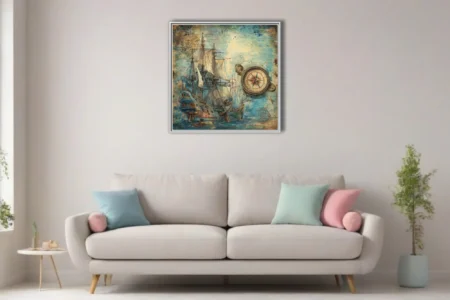 Vintage nautical tall ship and compass rose illustration, aged parchment tones, teal ink-style