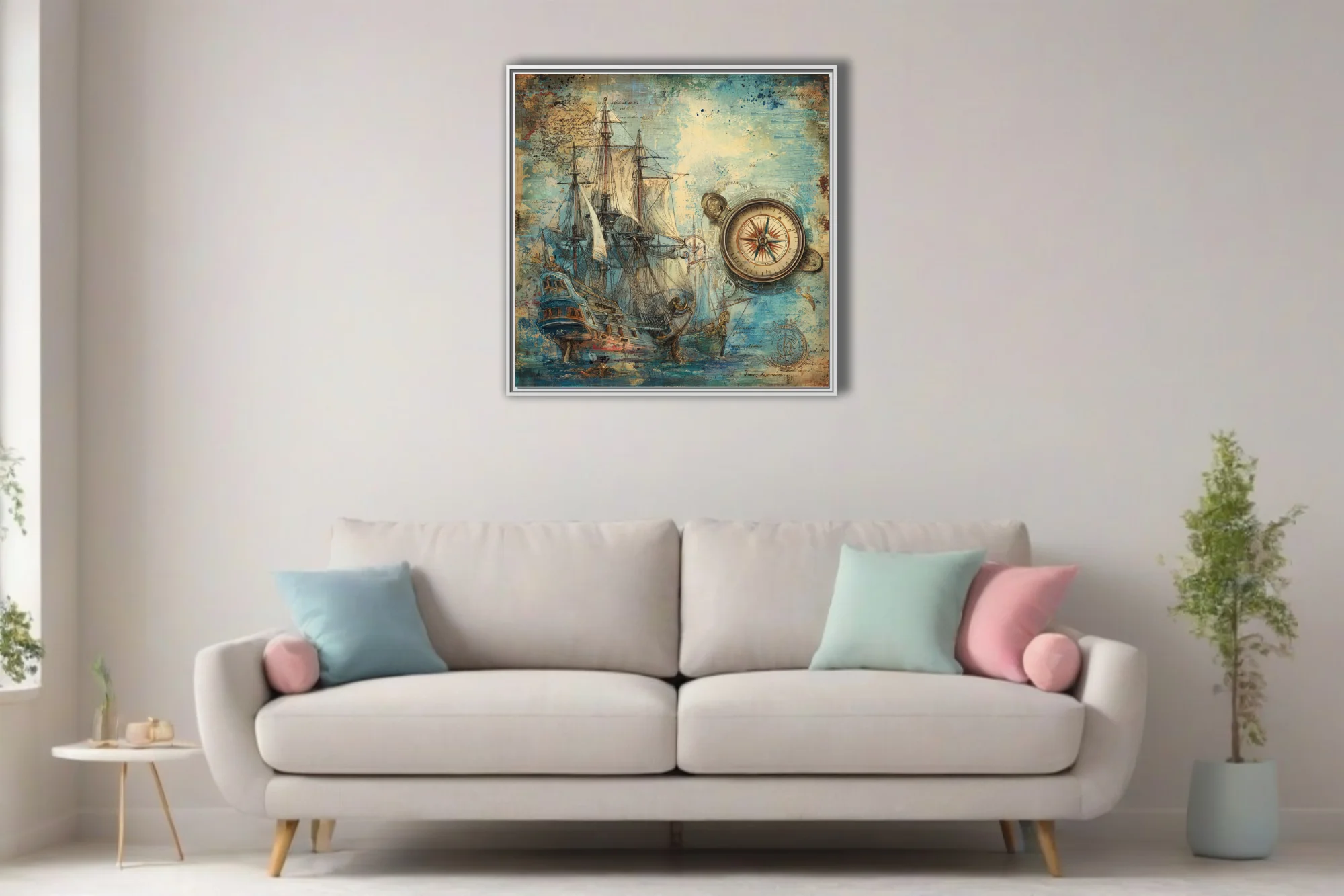 Vintage nautical tall ship and compass rose illustration, aged parchment tones, teal ink-style
