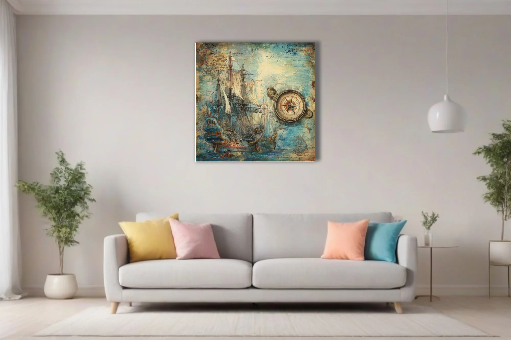 Vintage nautical tall ship and compass rose illustration, aged parchment tones, teal ink-style