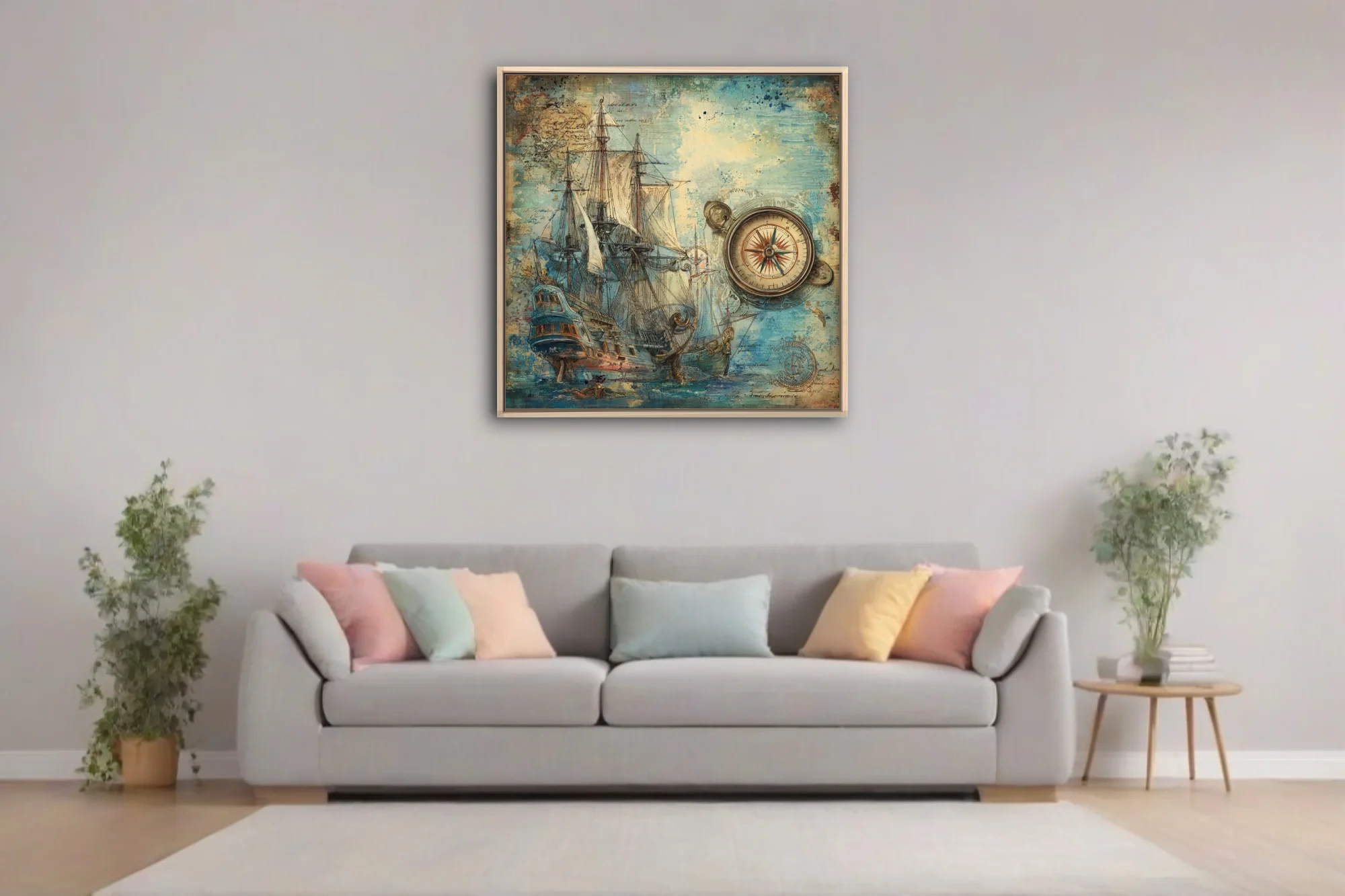 Vintage nautical tall ship and compass rose illustration, aged parchment tones, teal ink-style