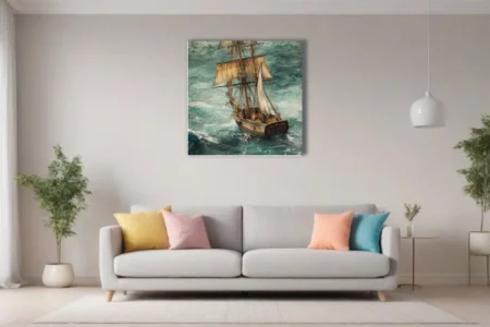 Tall ship in stormy teal seas, dramatic maritime illustration
