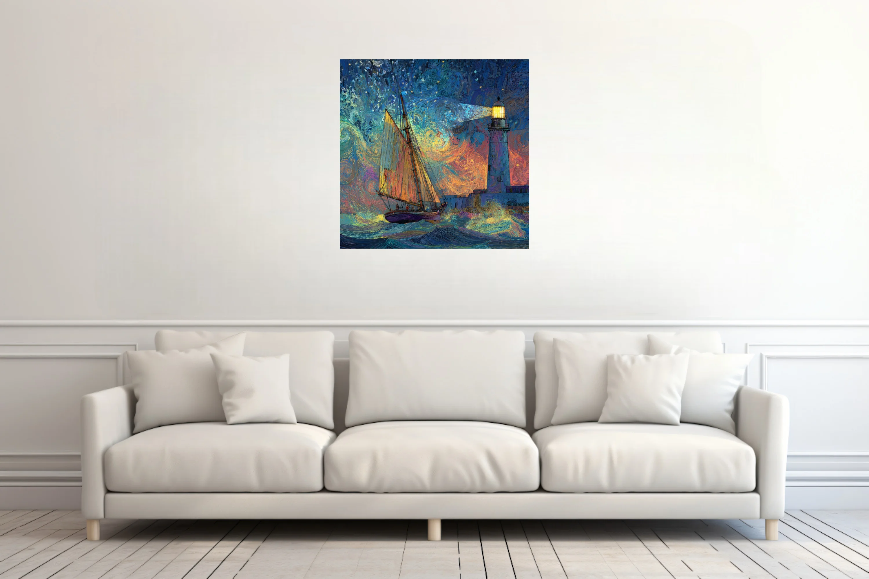 Swirling painterly sailing ship and lighthouse seascape in swirling cobalt and amber starry night style