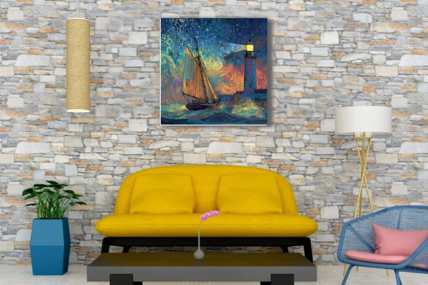 Swirling painterly sailing ship and lighthouse seascape in swirling cobalt and amber starry night style