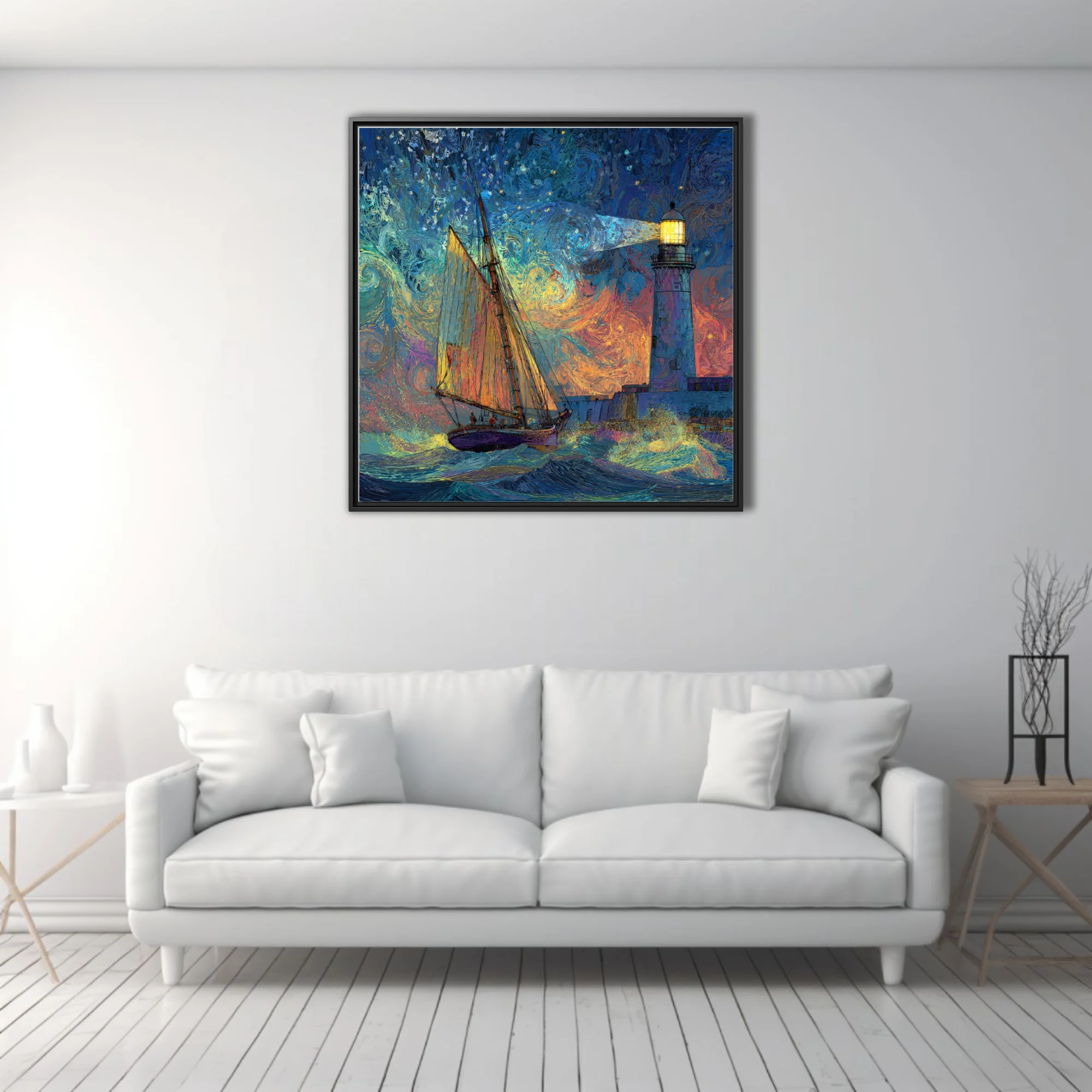 Swirling painterly sailing ship and lighthouse seascape in swirling cobalt and amber starry night style