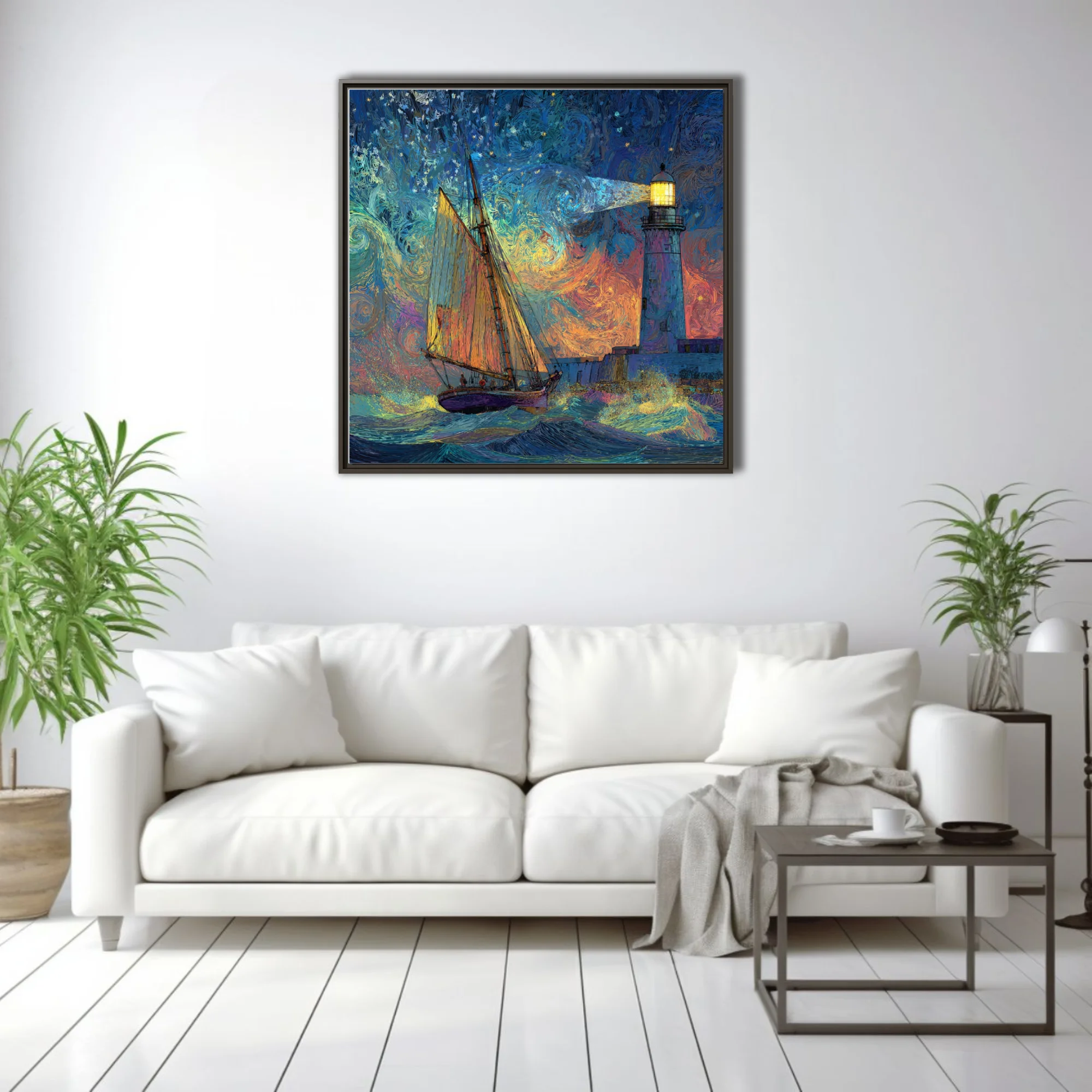 Swirling painterly sailing ship and lighthouse seascape in swirling cobalt and amber starry night style